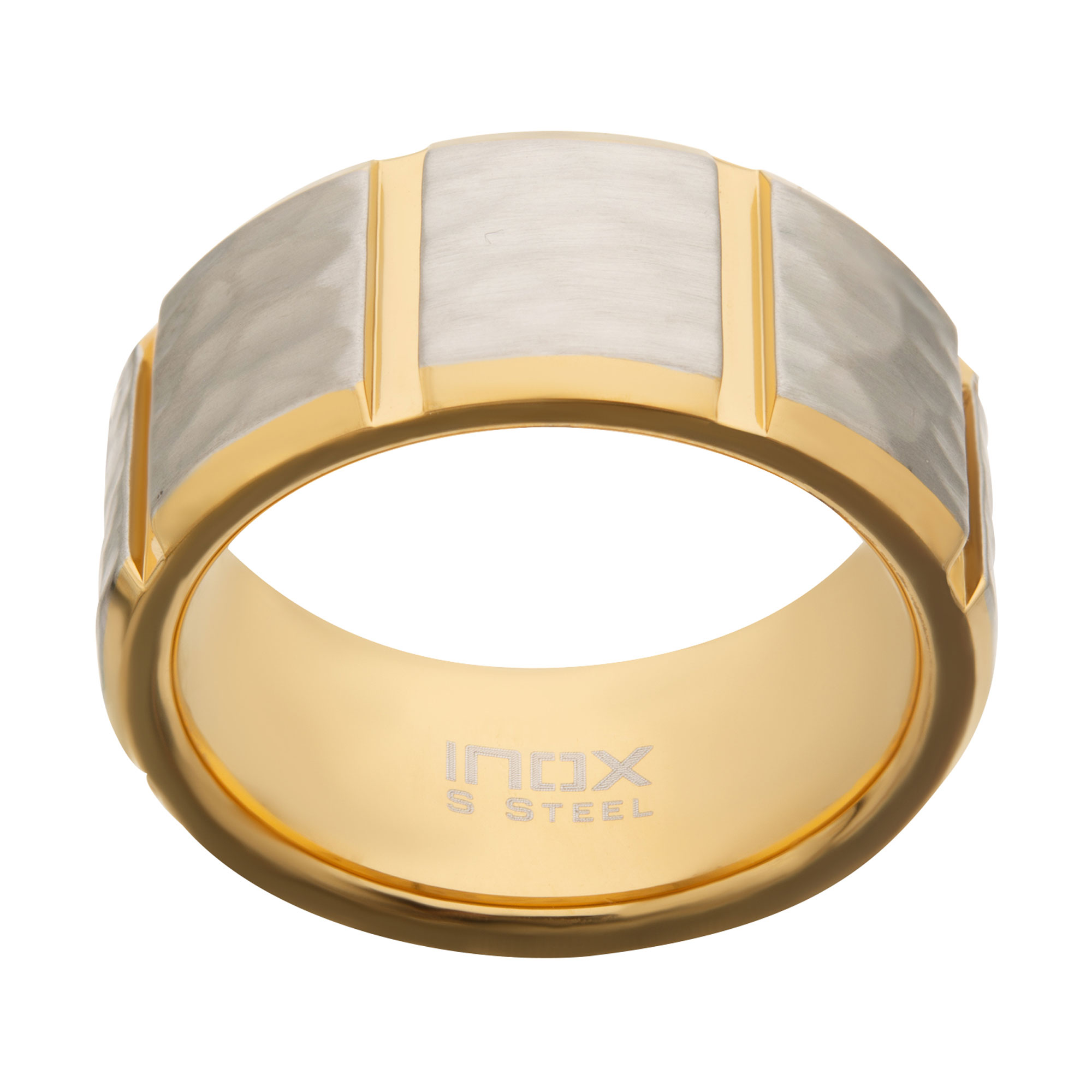 Gold Plated and Stainless Steel Hammered Finish Ring Image 2 Midtown Diamonds Reno, NV