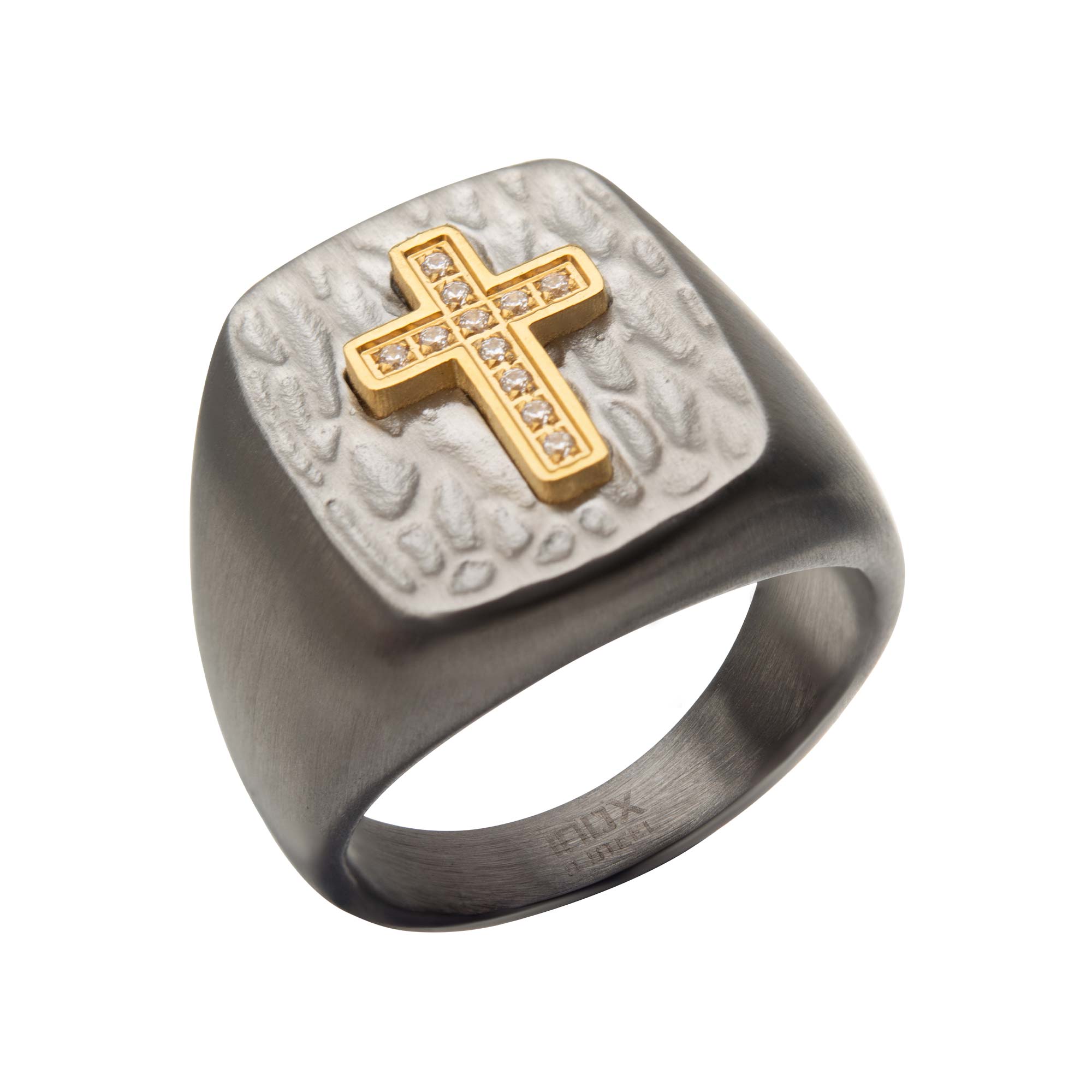 Gold Plated Cross with Clear CZs on Steel Hammered Signet Rings Midtown Diamonds Reno, NV