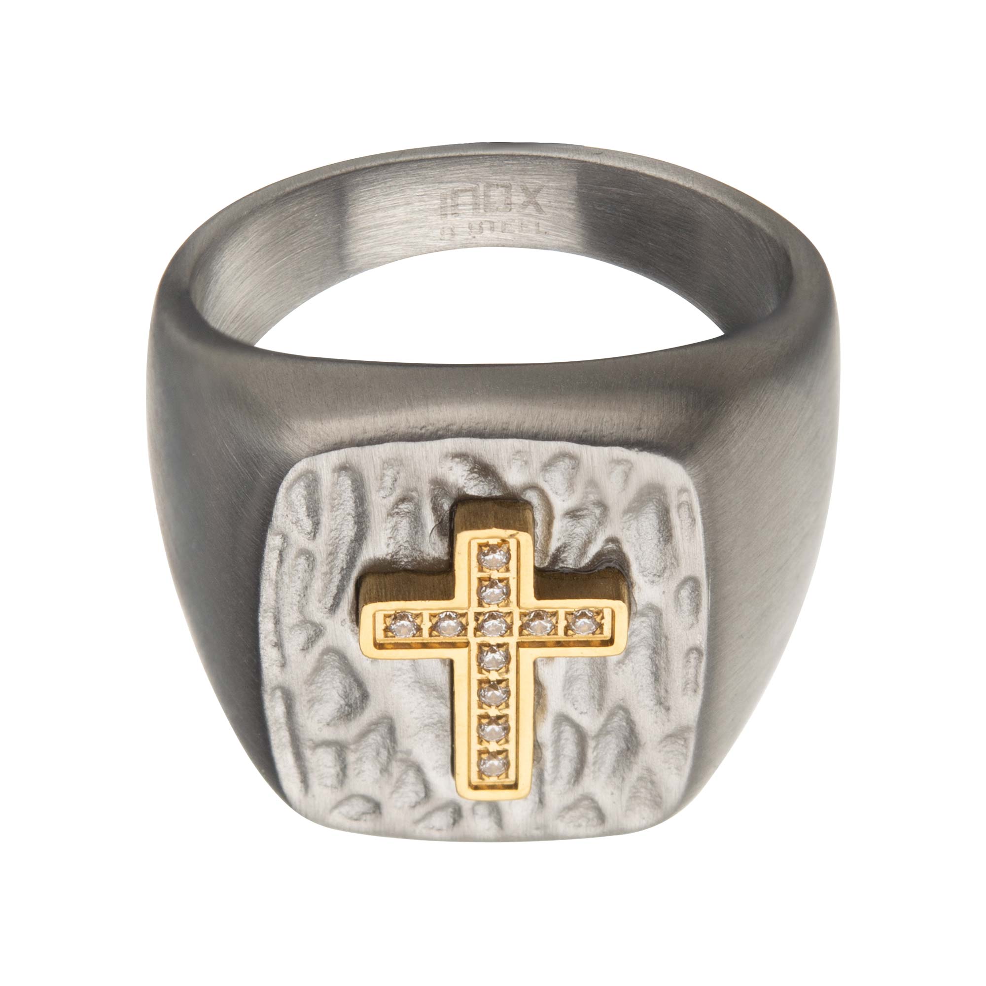 Gold Plated Cross with Clear CZs on Steel Hammered Signet Rings Image 2 Milano Jewelers Pembroke Pines, FL