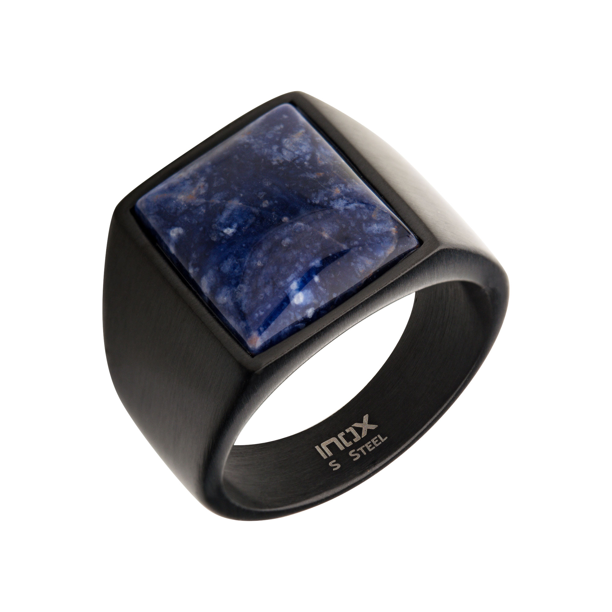 Stainless Steel Matte Black Plated Signet Rings with Polished Sodalite Lewis Jewelers, Inc. Ansonia, CT