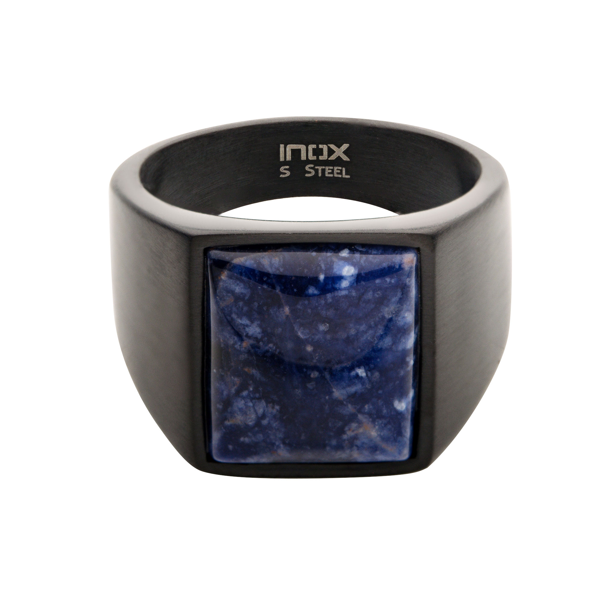 Stainless Steel Matte Black Plated Signet Rings with Polished Sodalite Image 2 Jayson Jewelers Cape Girardeau, MO