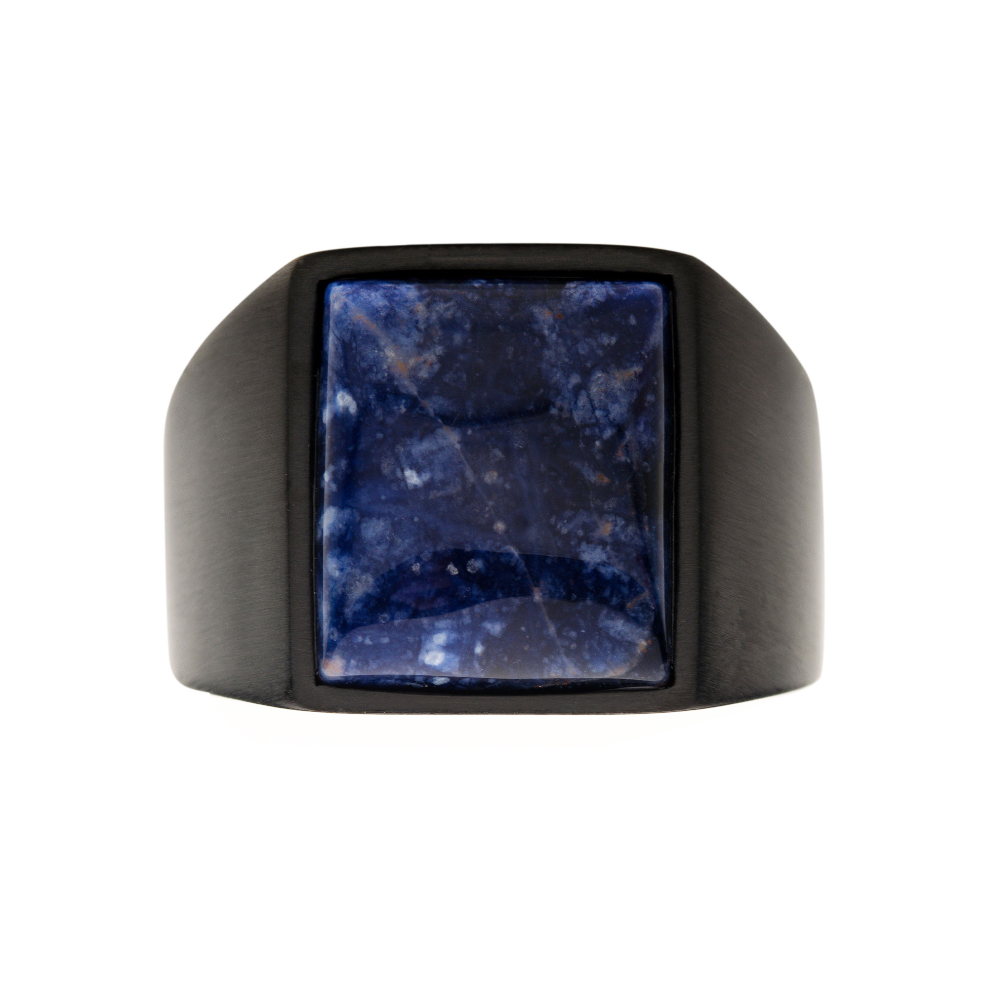 Stainless Steel Matte Black Plated Signet Rings with Polished Sodalite Image 3 Midtown Diamonds Reno, NV
