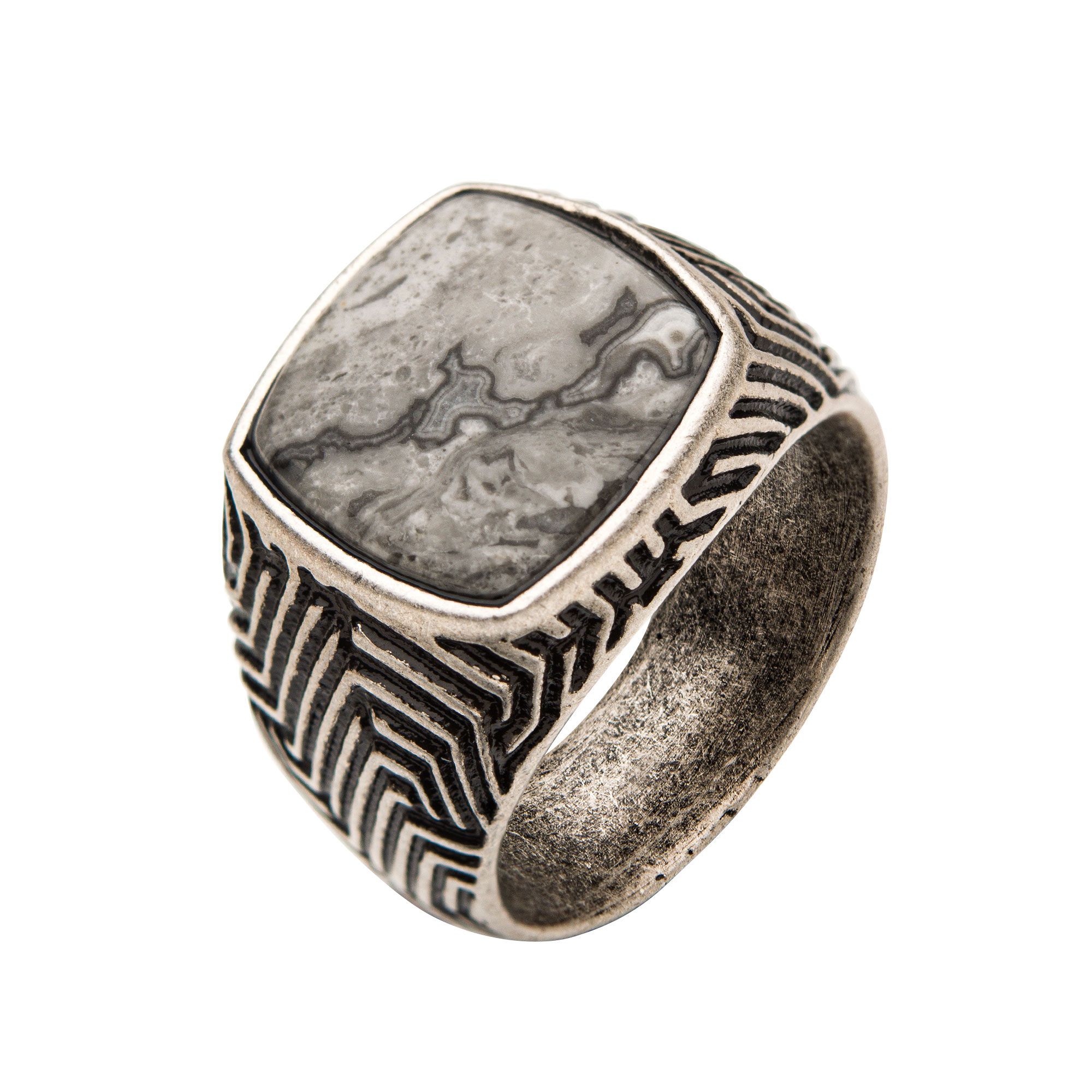 Stainless Steel Silver Plated with Gray Jasper Stone Ring Spath Jewelers Bartow, FL
