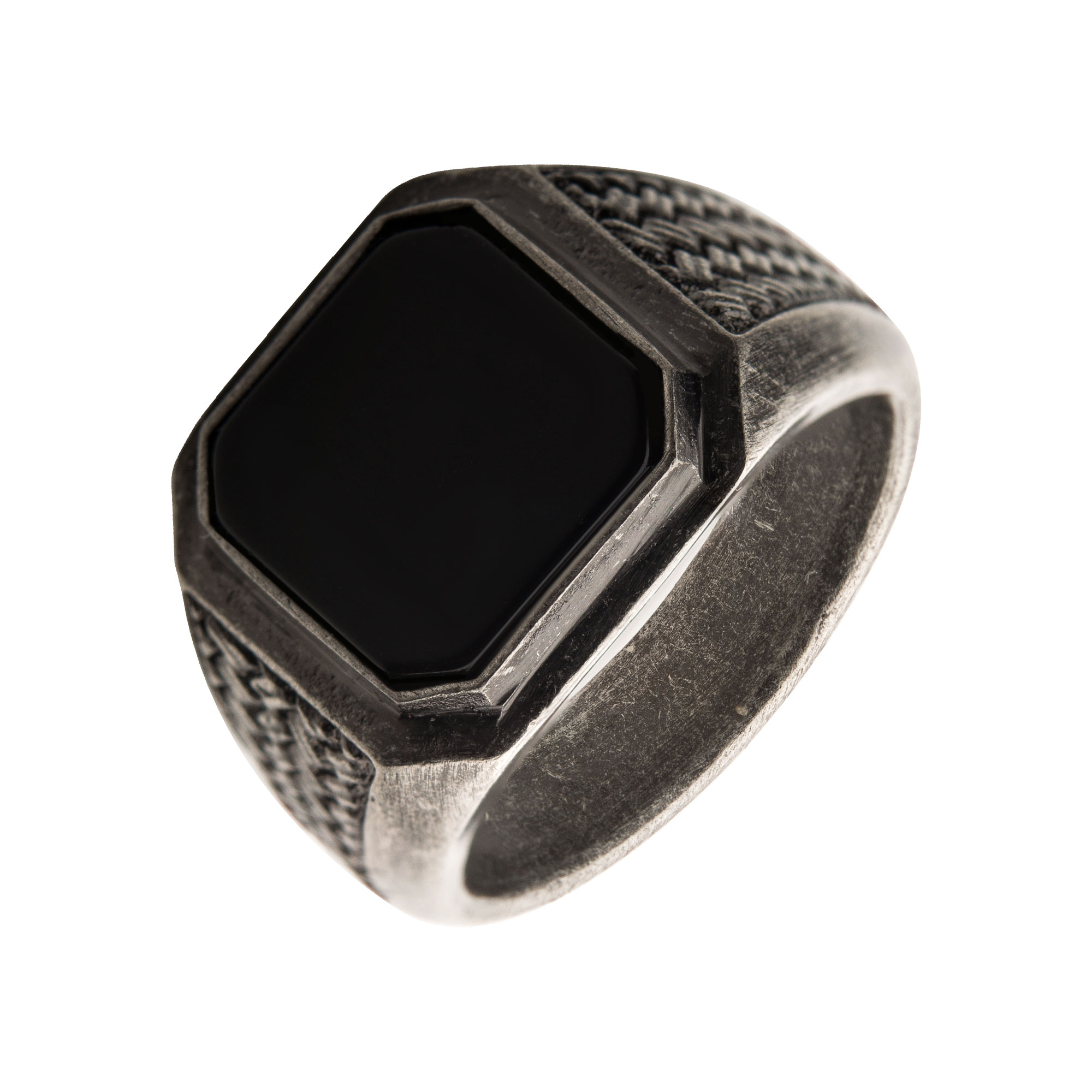 Stainless Steel Silver Plated with Black Agate Stone Ring Midtown Diamonds Reno, NV