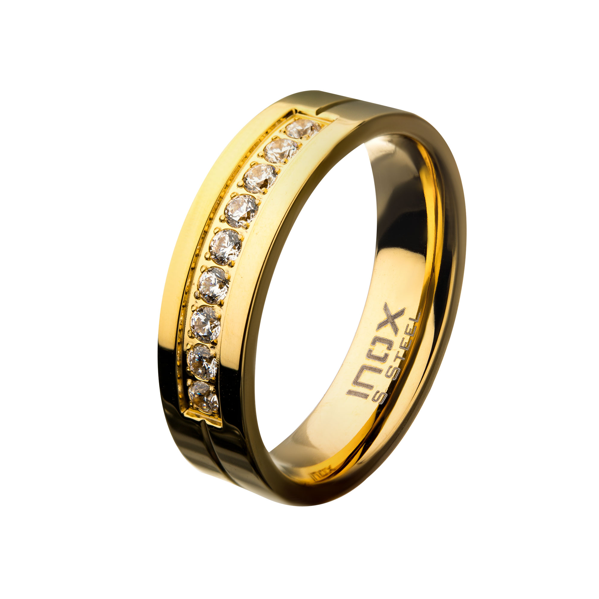 Gold PVD Plating Polished Steel ComfortFit Band with CZ's in Bead Channel Setting Ring Lewis Jewelers, Inc. Ansonia, CT