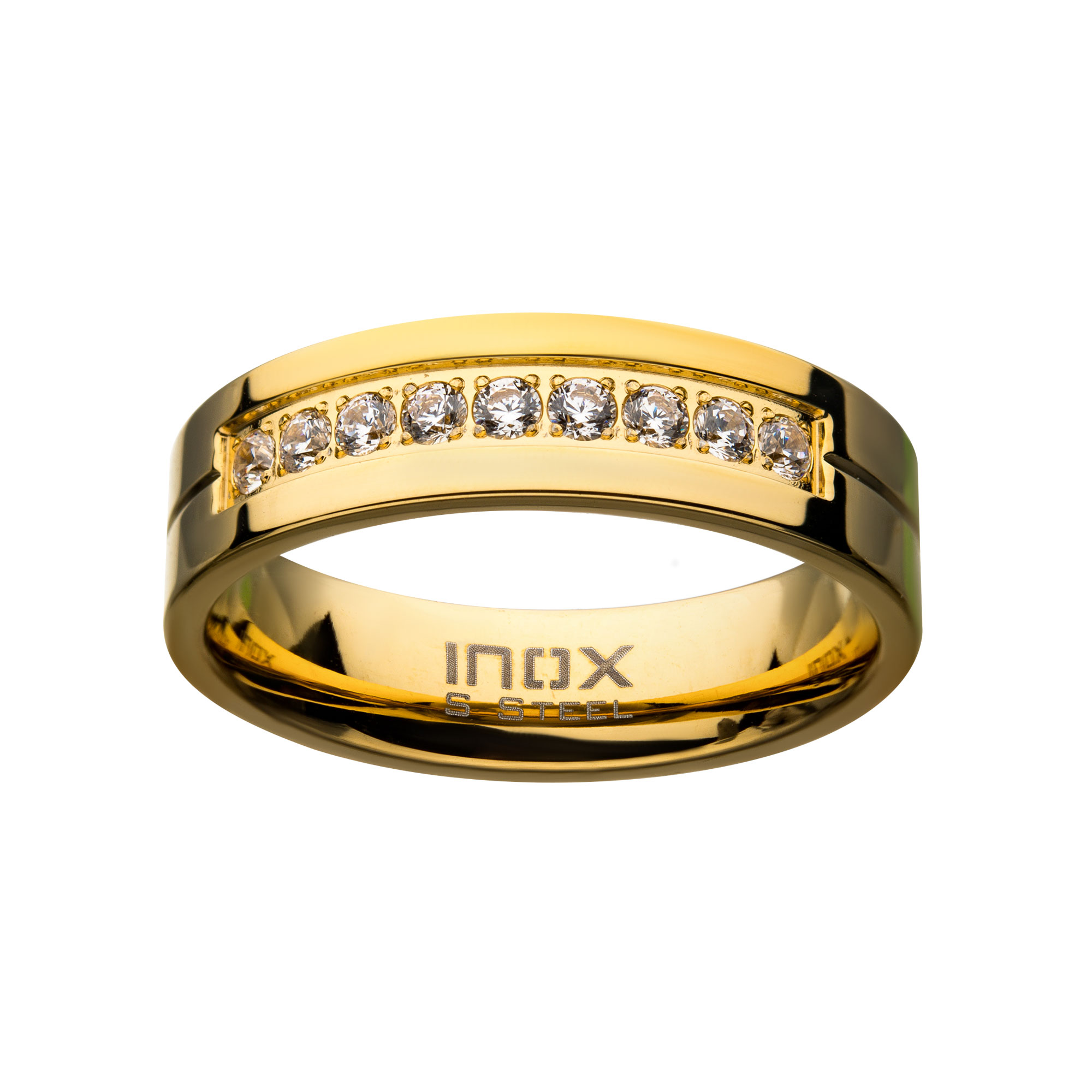 Gold PVD Plating Polished Steel ComfortFit Band with CZ's in Bead Channel Setting Ring Image 2 Enchanted Jewelry Plainfield, CT