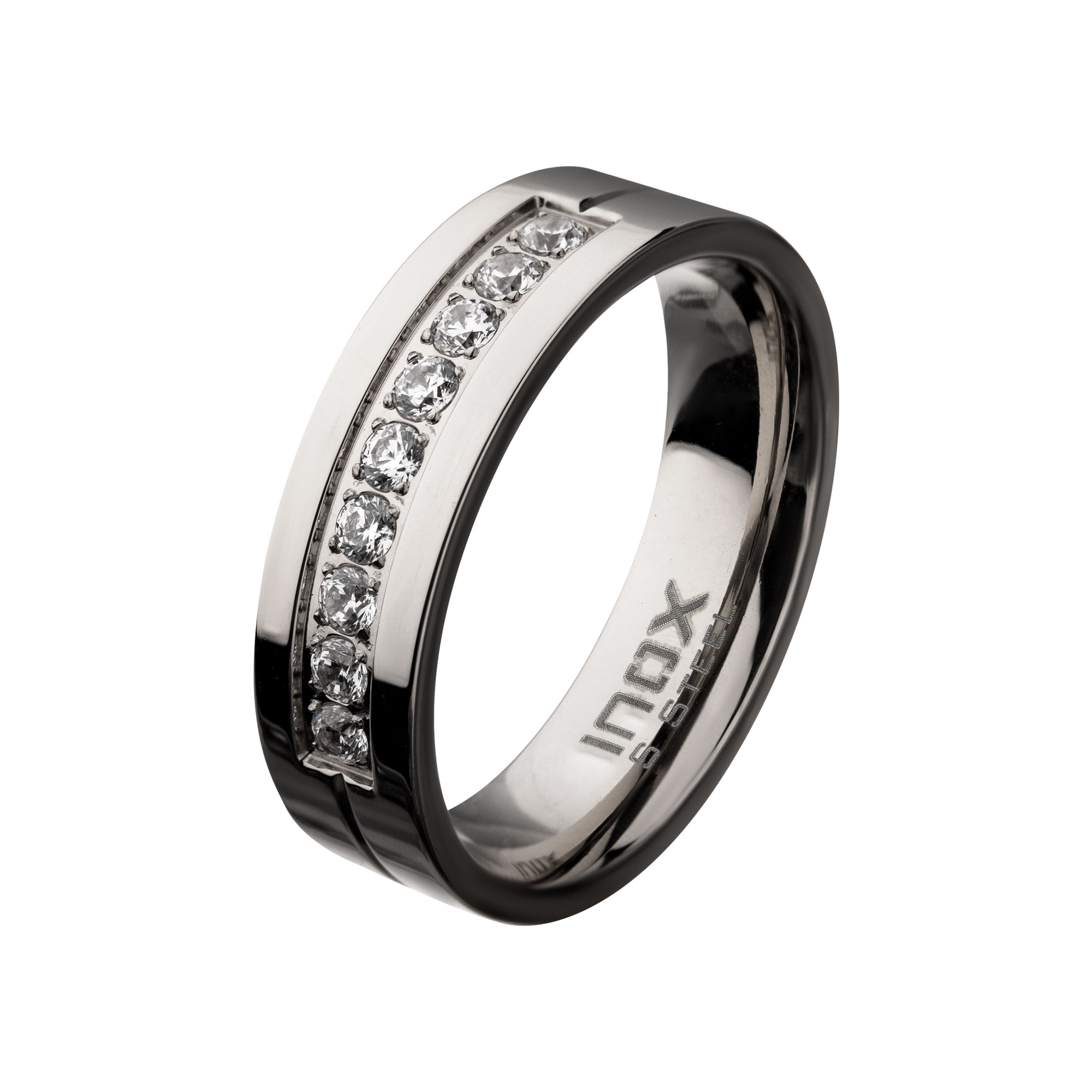 Stainless Steel Polished Steel ComfortFit Band with CZ's in Bead Channel Setting Ring Milano Jewelers Pembroke Pines, FL