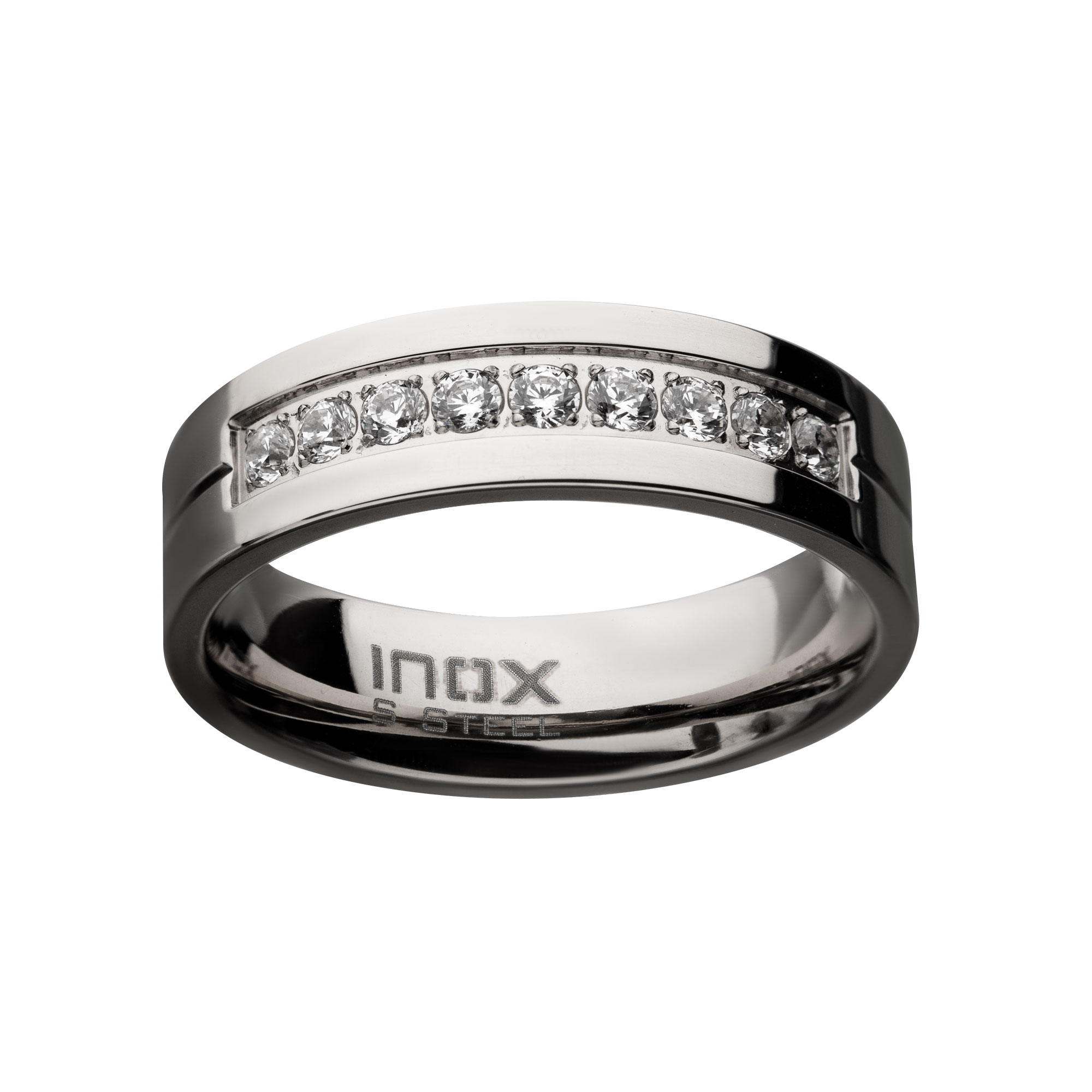 Stainless Steel Polished Steel ComfortFit Band with CZ's in Bead Channel Setting Ring Image 2 Midtown Diamonds Reno, NV