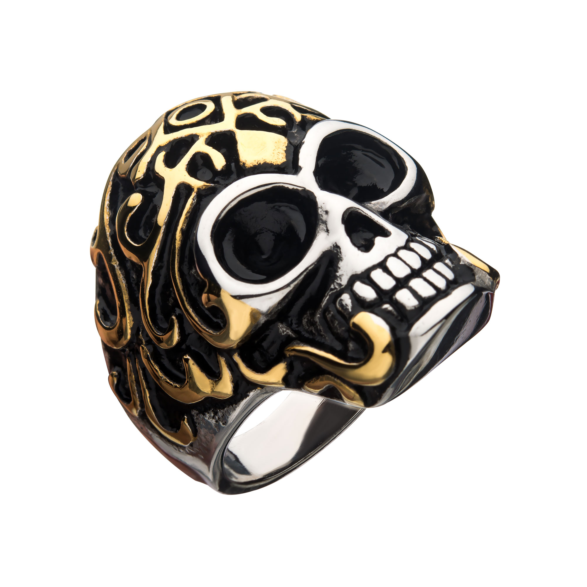 Oxidized Stainless Steel & Gold IP Skull Ring Ken Walker Jewelers Gig Harbor, WA