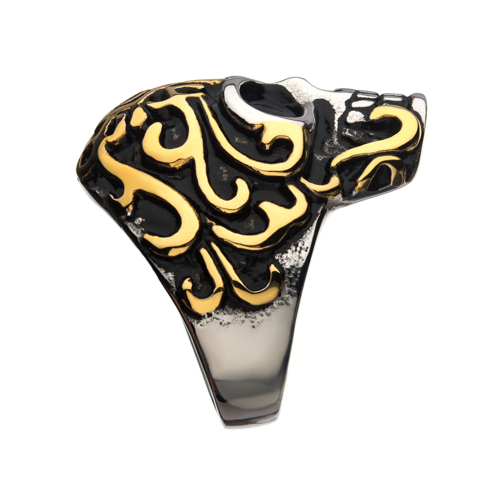 Oxidized Stainless Steel & Gold IP Skull Ring Image 3 Ken Walker Jewelers Gig Harbor, WA