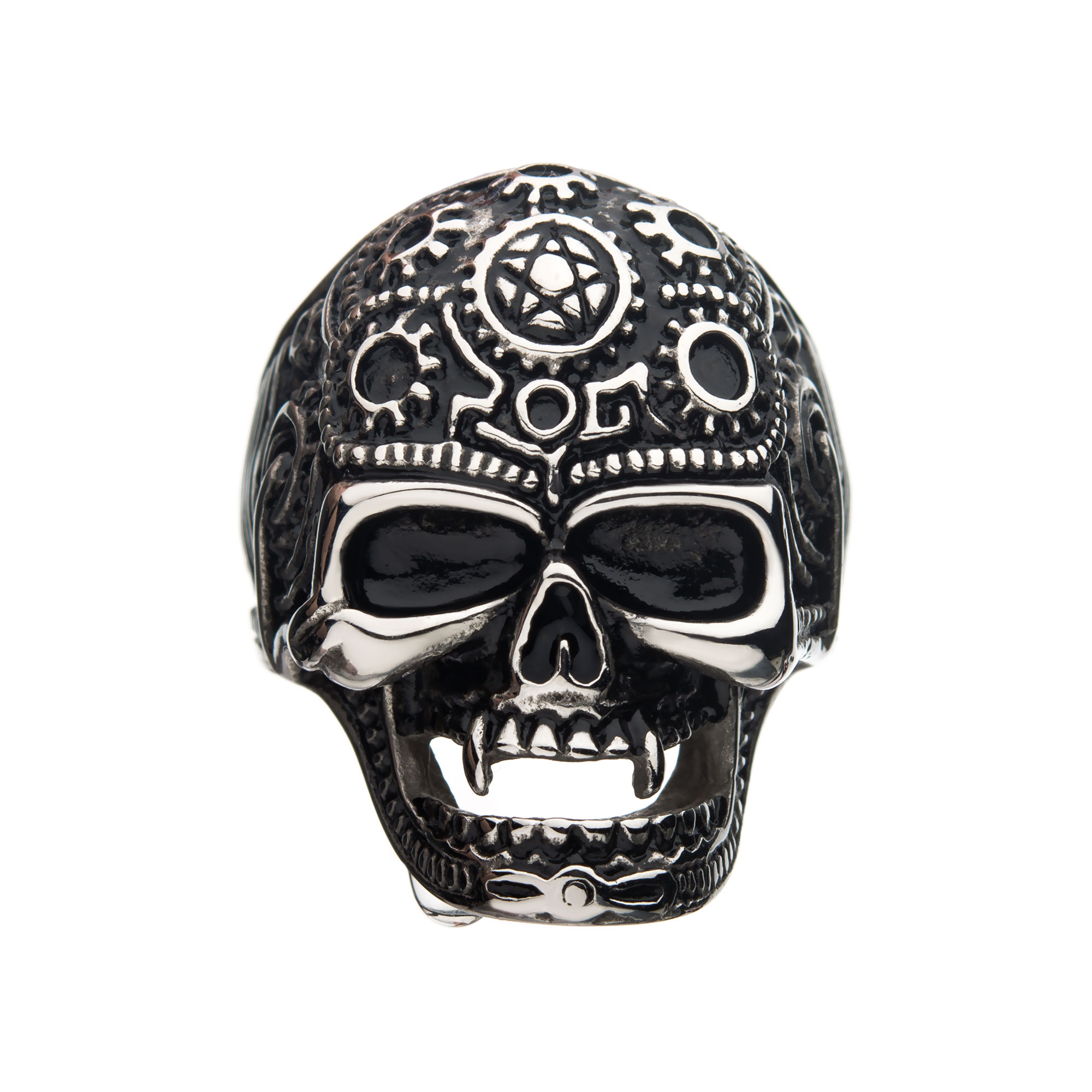 Oxidized Stainless Steel Vampire Skull Ring Image 2 Midtown Diamonds Reno, NV