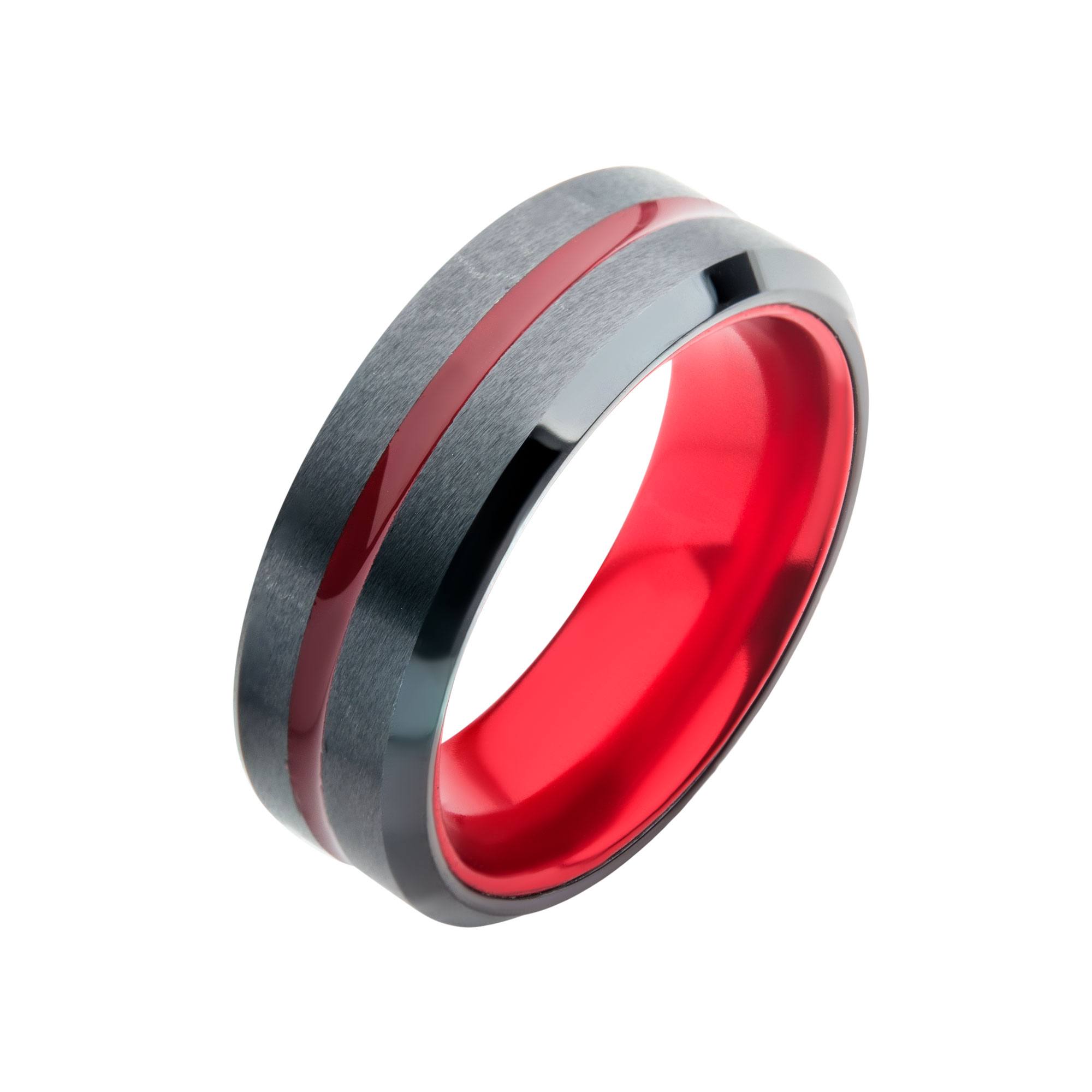 Steel Black Plated with Red Aluminum Beveled Wedding Band Ring Midtown Diamonds Reno, NV
