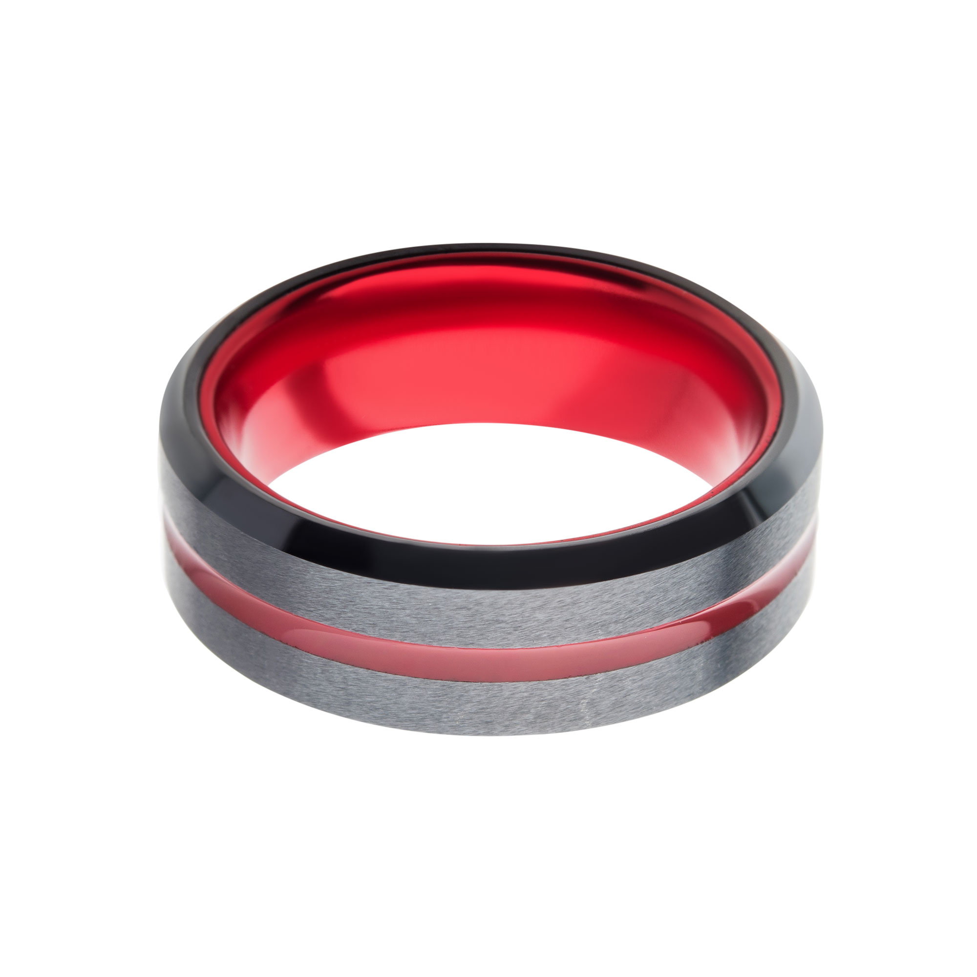Steel Black Plated with Red Aluminum Beveled Wedding Band Ring Image 2 Midtown Diamonds Reno, NV