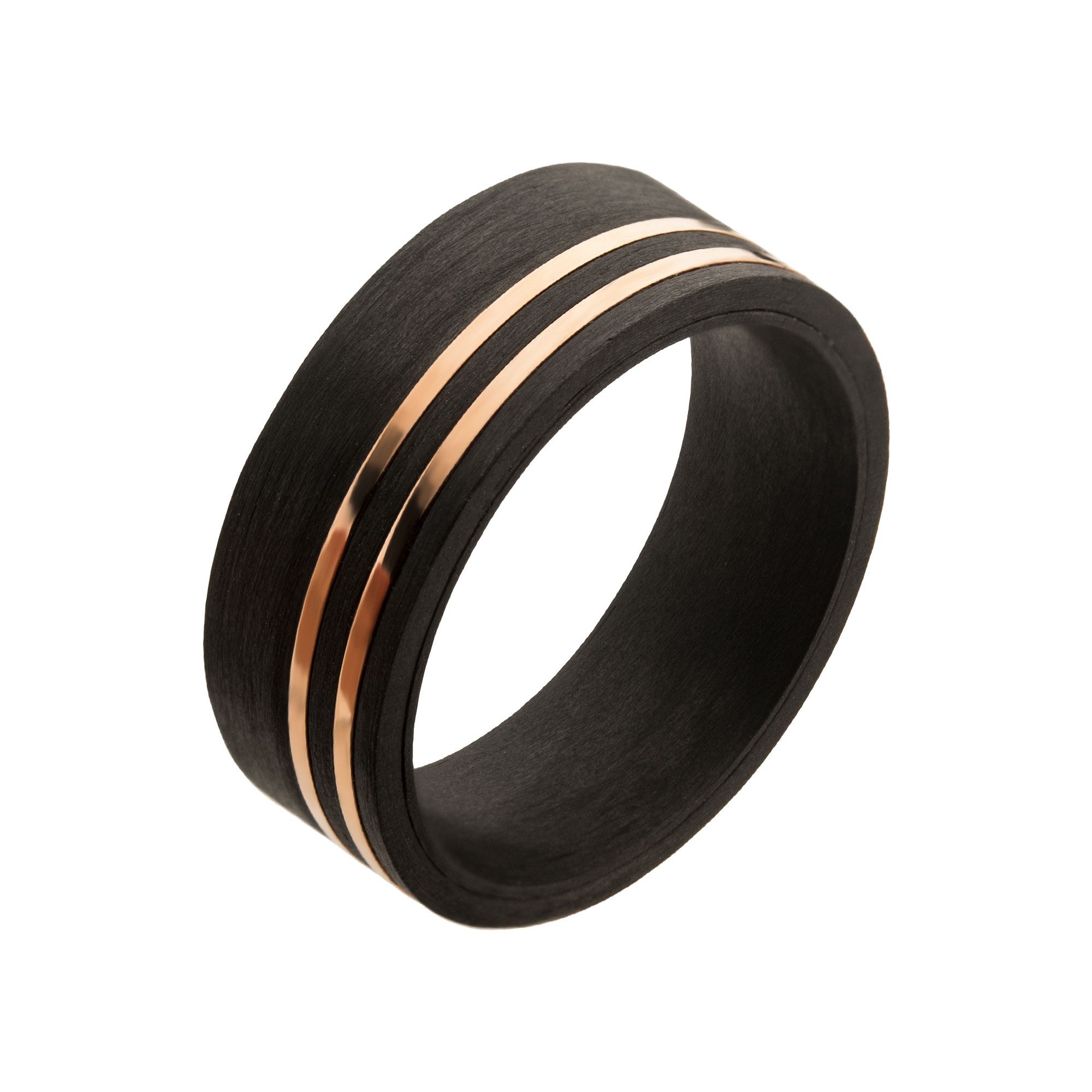 Solid Carbon with Inlayed Rose Gold Thin Lines Comfort Fit Ring Enchanted Jewelry Plainfield, CT