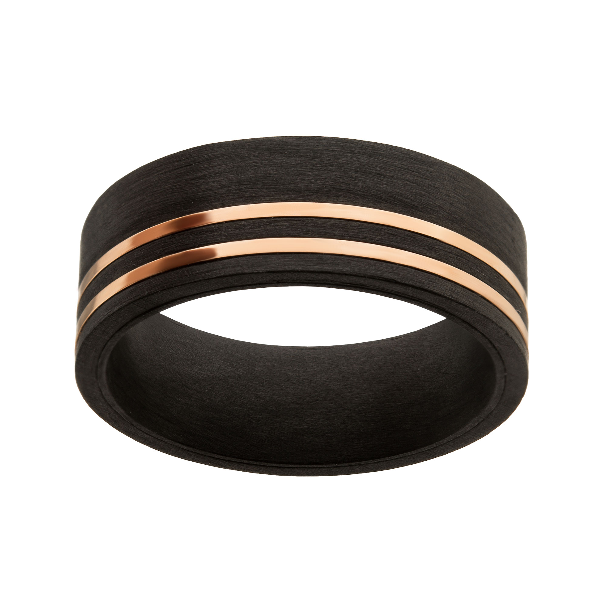 Solid Carbon with Inlayed Rose Gold Thin Lines Comfort Fit Ring Image 2 Lewis Jewelers, Inc. Ansonia, CT