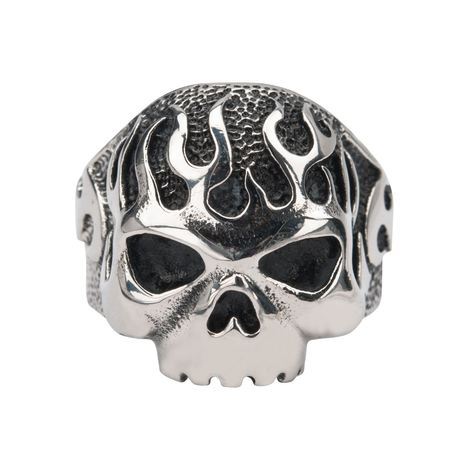 Black Oxidixed Flamed Skull Ring Image 2 P.K. Bennett Jewelers Mundelein, IL