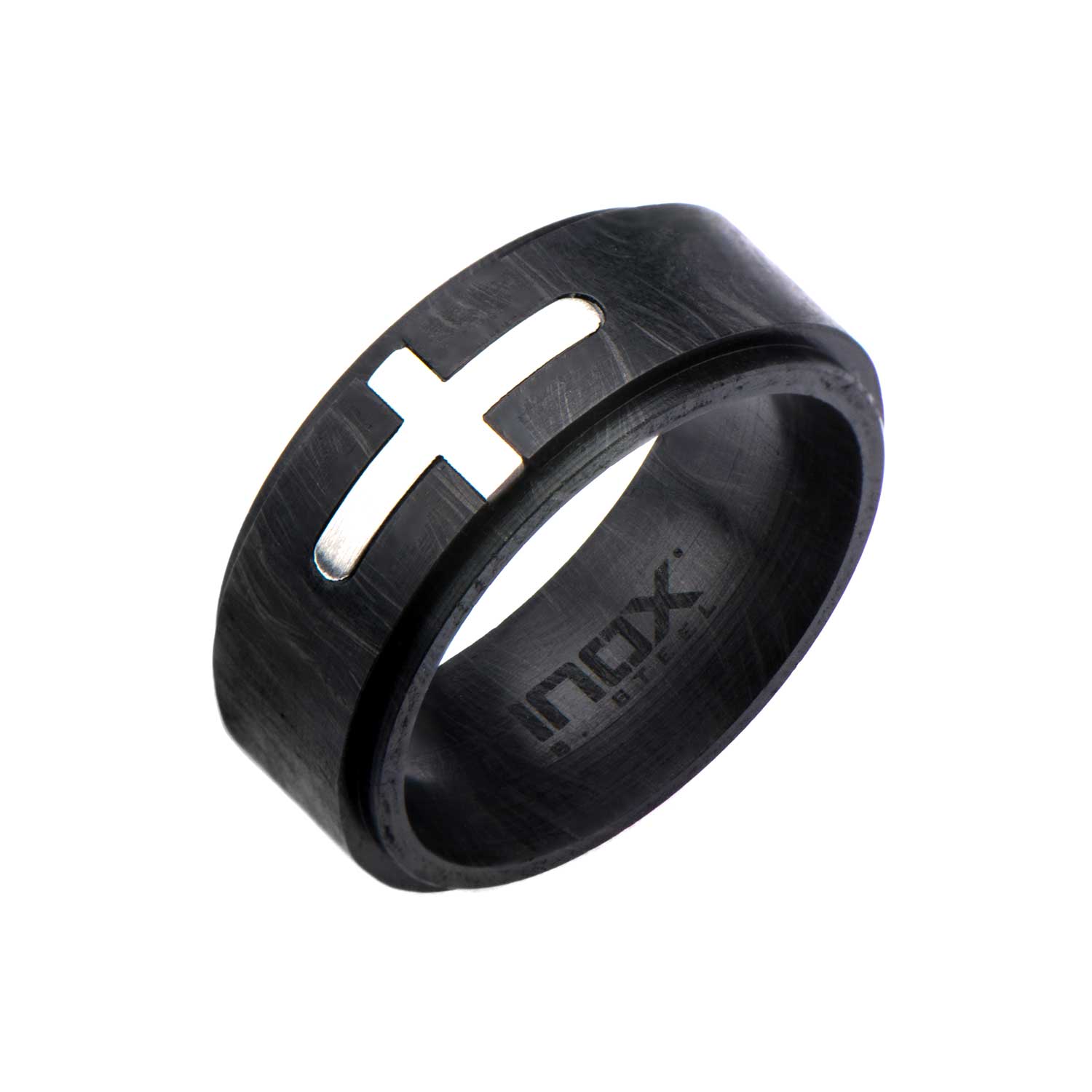Stainless Steel Cross Inlayed in Solid Carbon Graphite Ring Ritzi Jewelers Brookville, IN