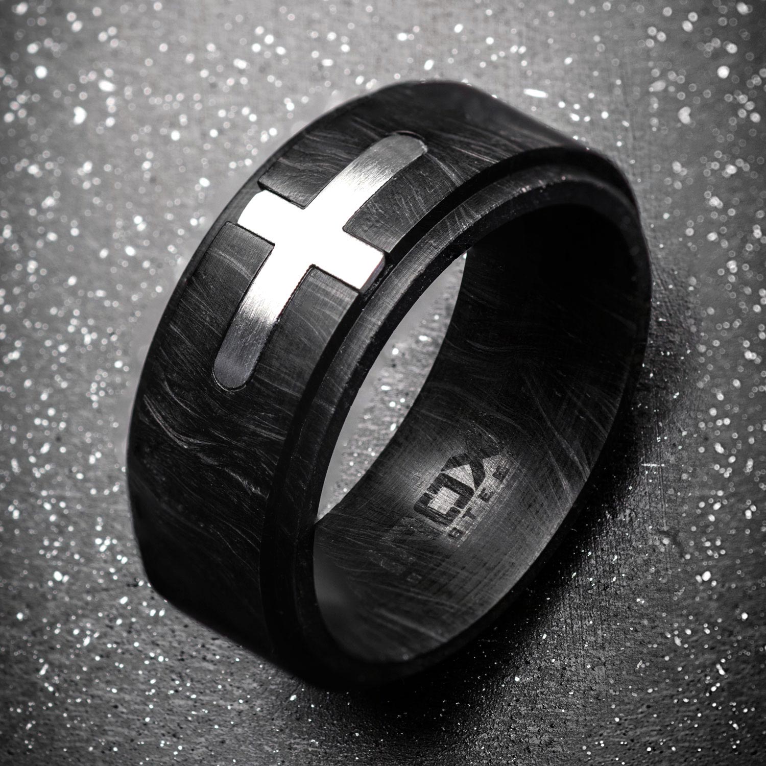 Stainless Steel Cross Inlayed in Solid Carbon Graphite Ring Image 4 Thurber's Fine Jewelry Wadsworth, OH