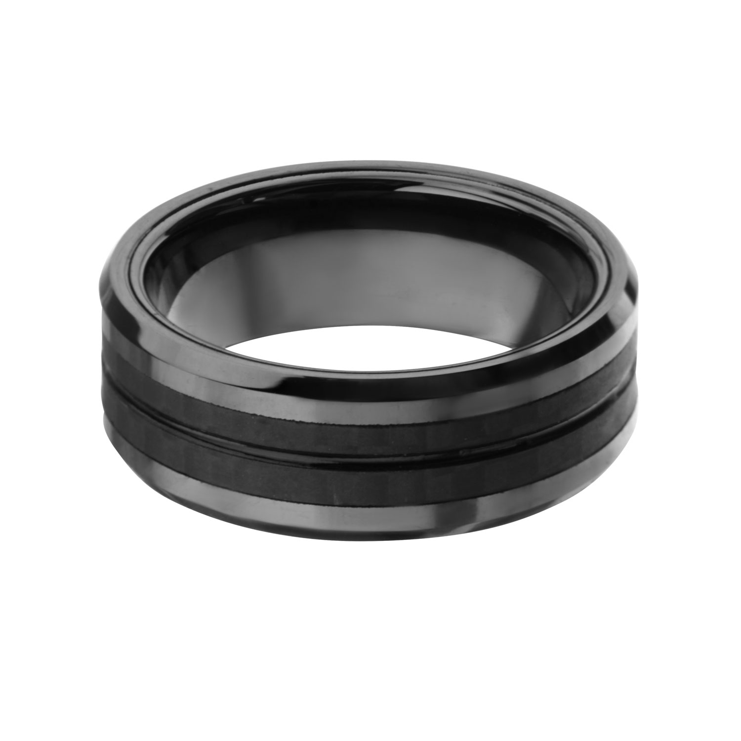 Black Plated with Double Line Solid Carbon Fiber Ring Image 2 Lewis Jewelers, Inc. Ansonia, CT