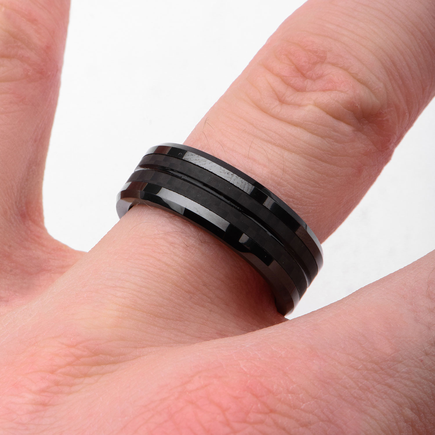 Black Plated with Double Line Solid Carbon Fiber Ring Image 4 Enchanted Jewelry Plainfield, CT