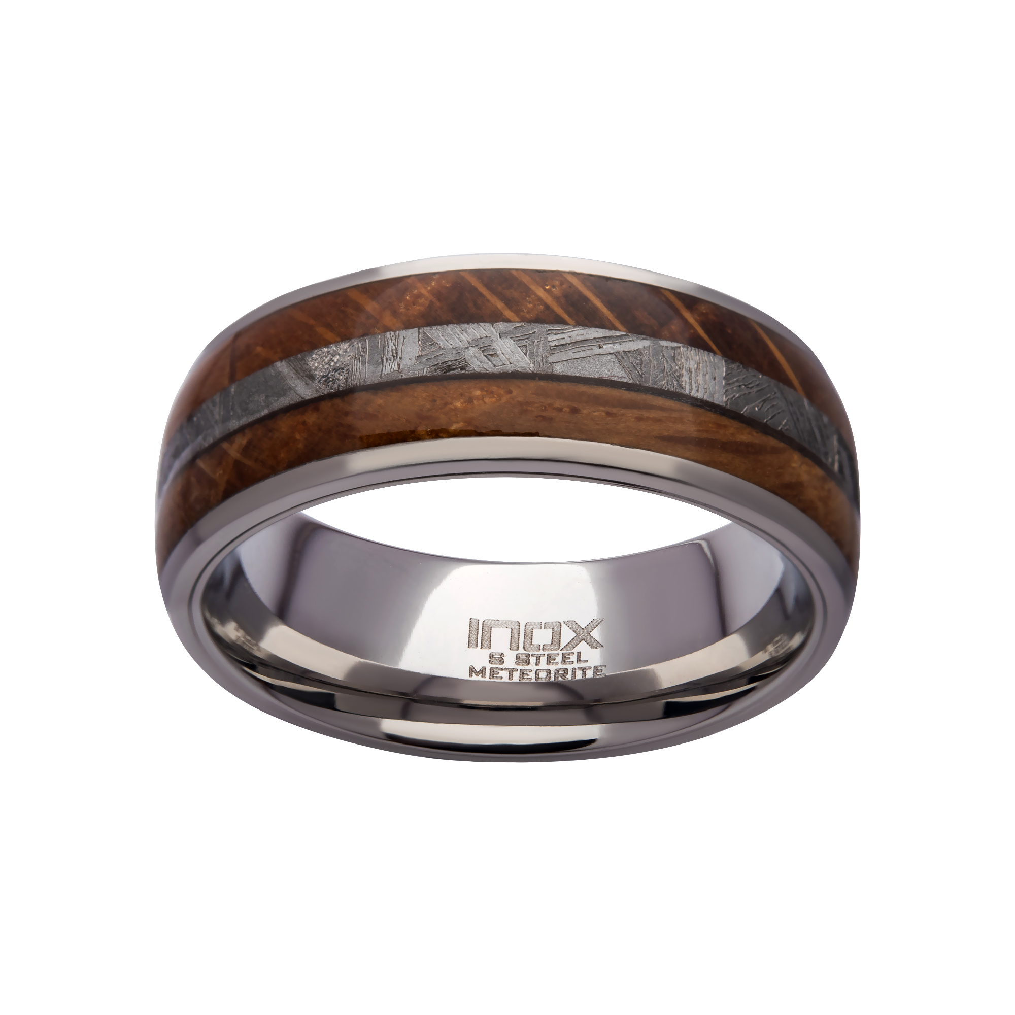 Wood & Meteorite Inlay Steel Ring Image 2 Mueller Jewelers Chisago City, MN