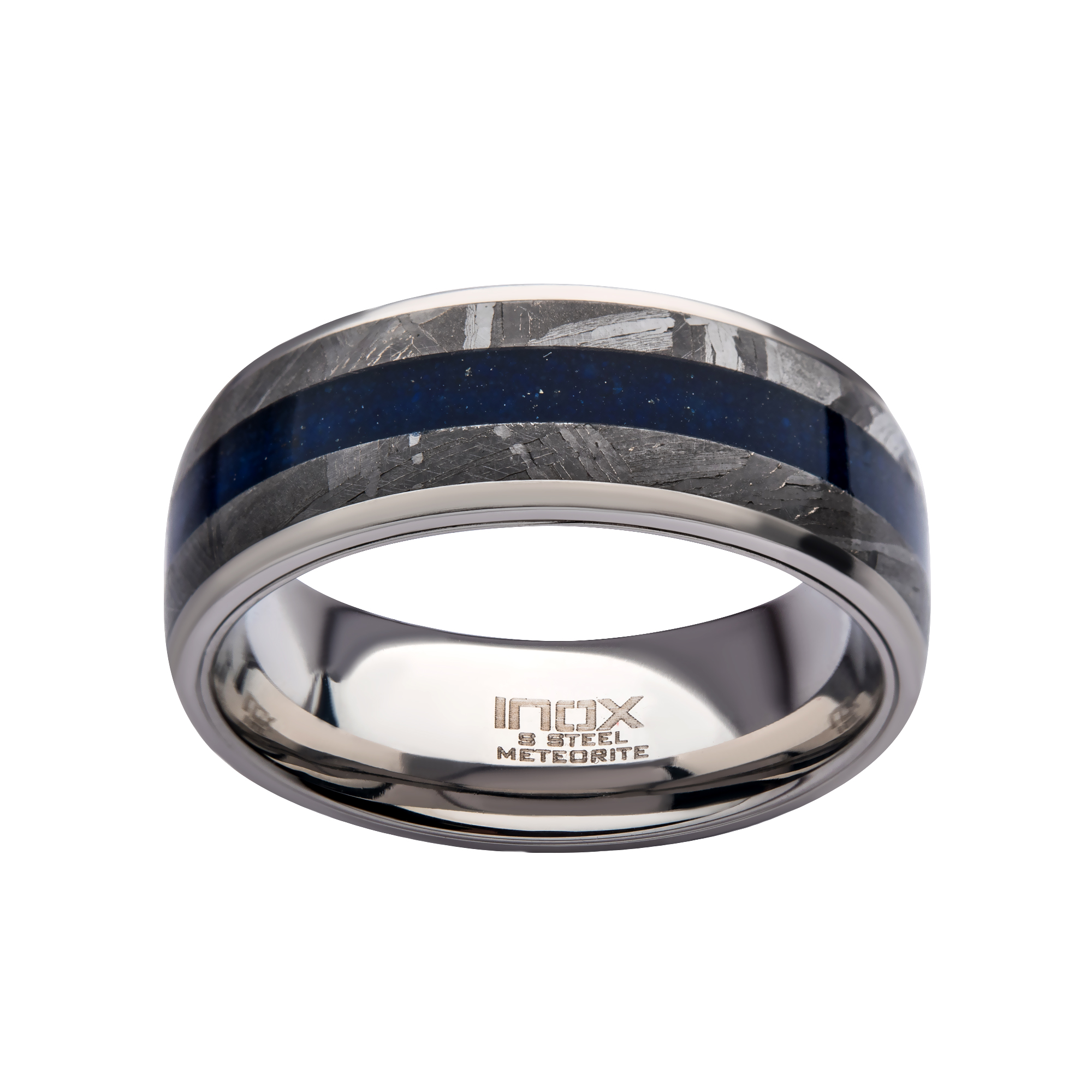 Lapis Lazuli & Meteorite Inlay Steel Ring Image 2 Enchanted Jewelry Plainfield, CT