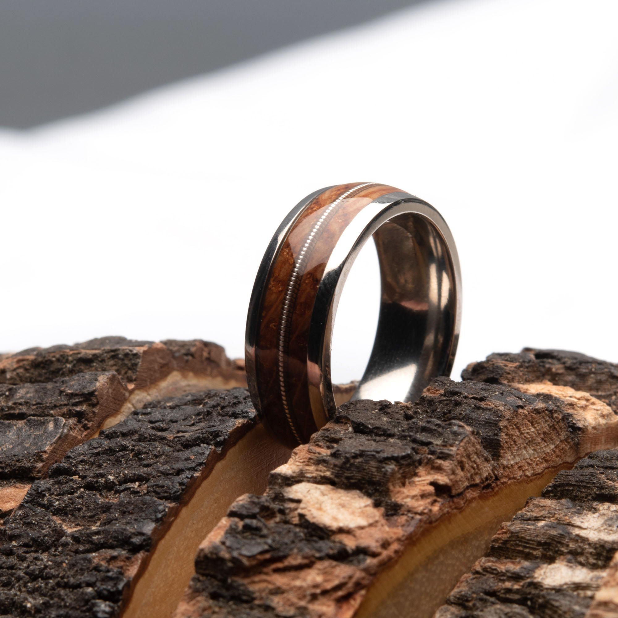 Clear Resins & Whiskey Barrel Wood Inlay Titanium Ring Image 4 Ken Walker Jewelers Gig Harbor, WA