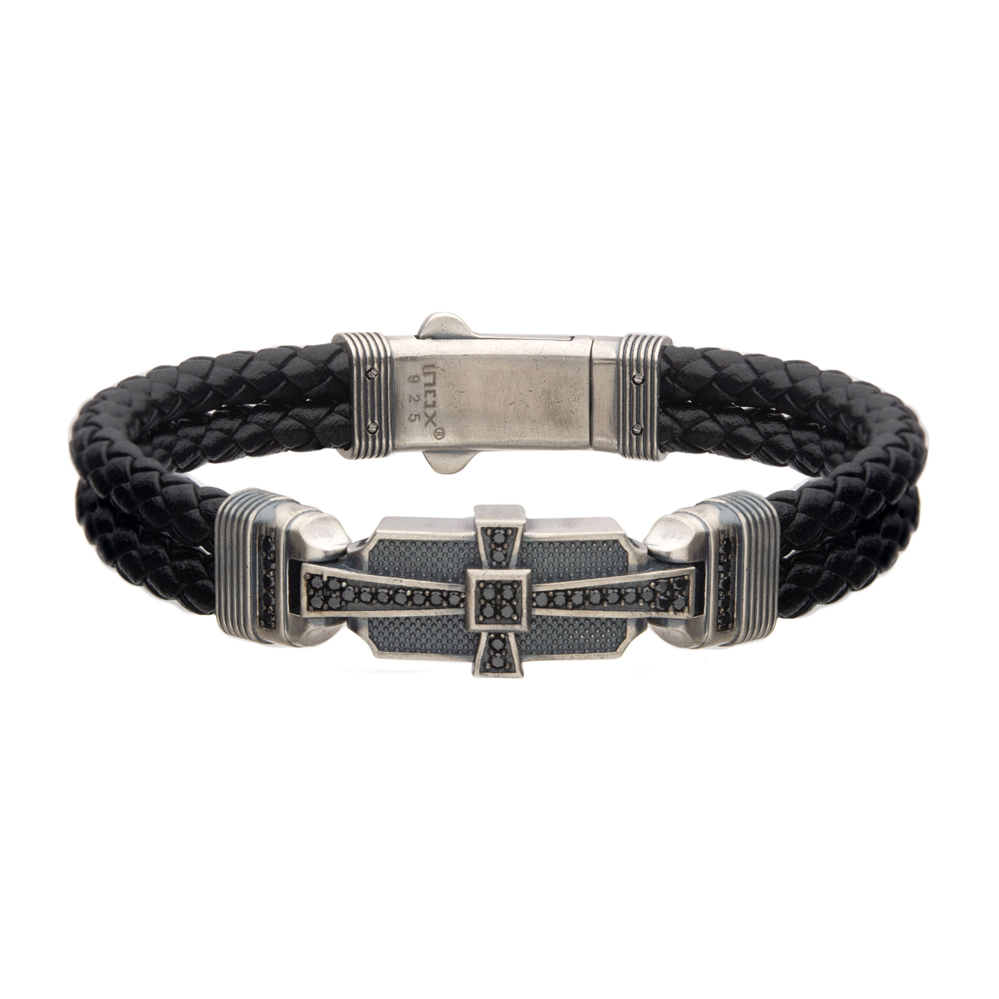 Genuine Sterling Silver with Double Braid Black Leather and 40pc Black CZ Bracelet Milano Jewelers Pembroke Pines, FL