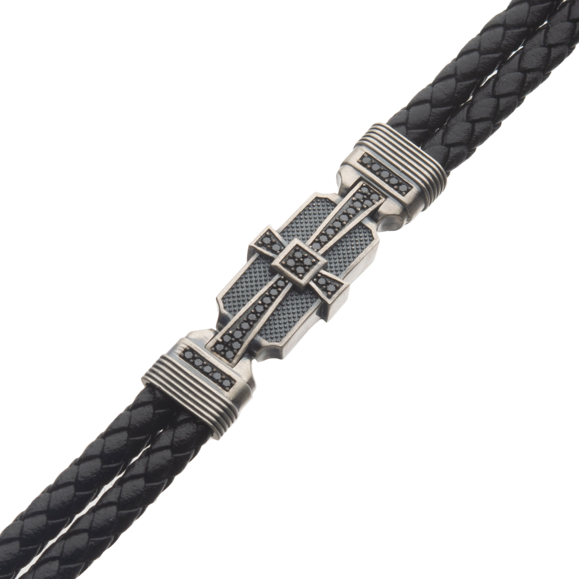 Genuine Sterling Silver with Double Braid Black Leather and 40pc Black CZ Bracelet Image 2 Midtown Diamonds Reno, NV