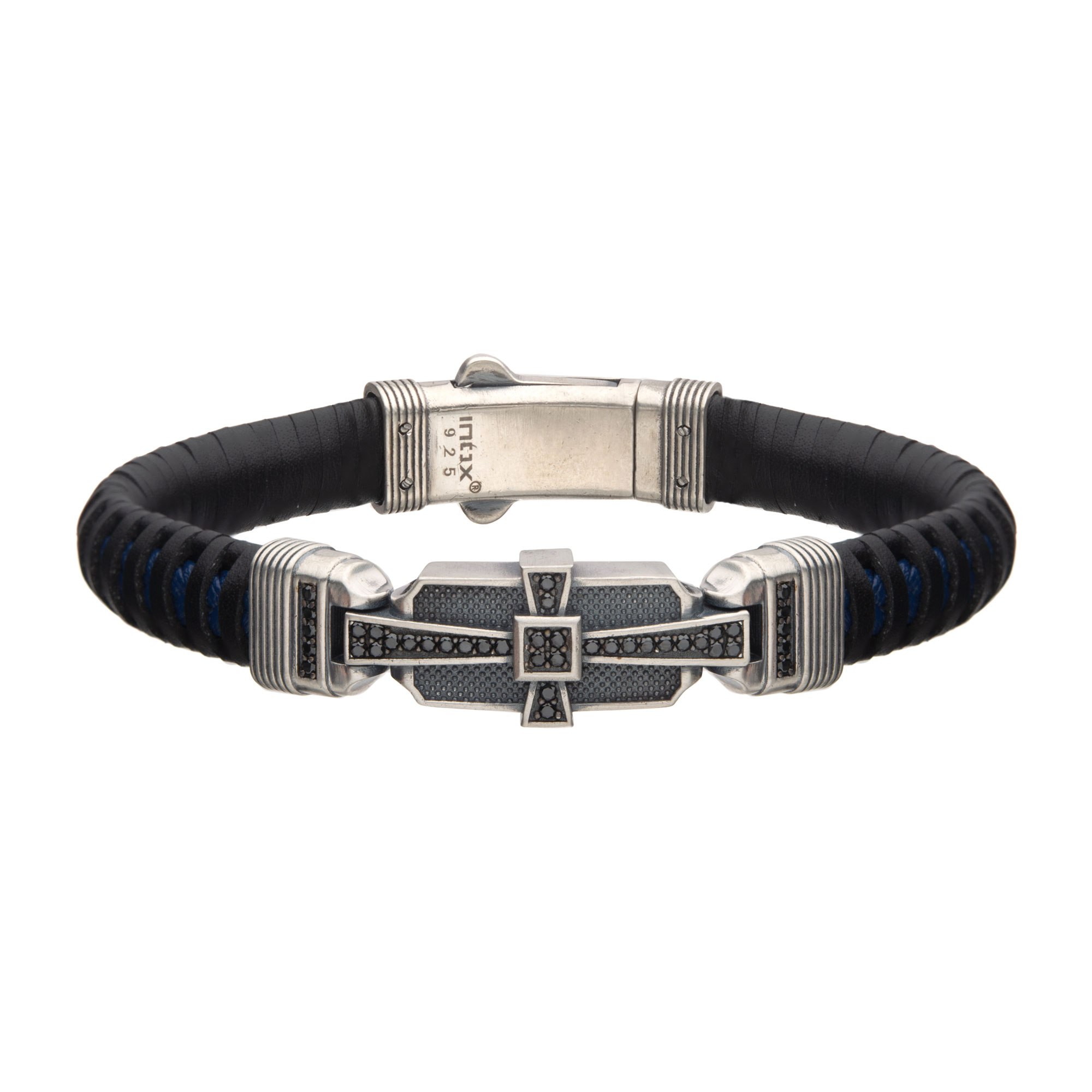 Genuine Sterling Silver with Black & Blue Leather and 40pc Black CZ Bracelet Milano Jewelers Pembroke Pines, FL