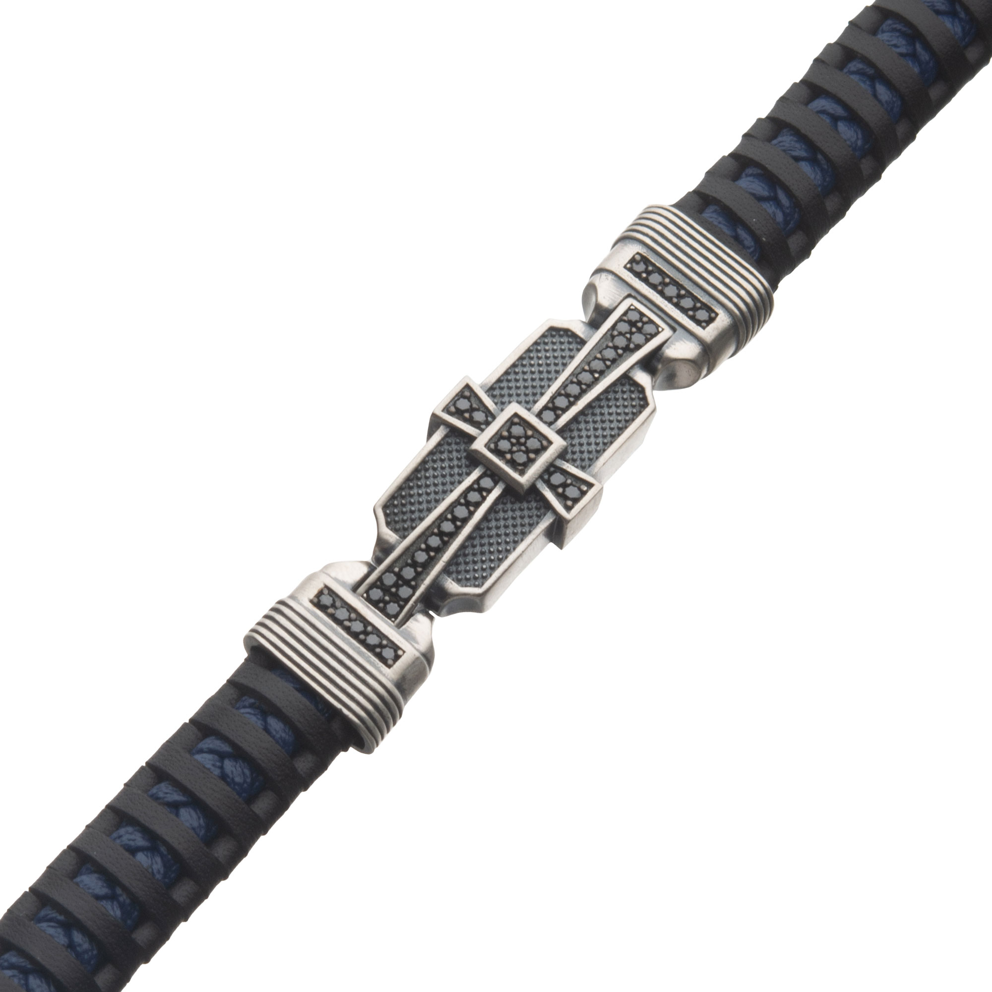 Genuine Sterling Silver with Black & Blue Leather and 40pc Black CZ Bracelet Image 2 Milano Jewelers Pembroke Pines, FL