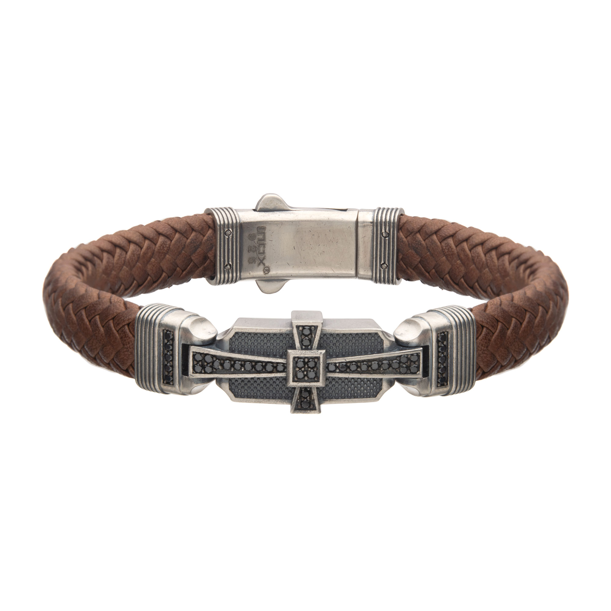 Genuine Sterling Silver with Brown Braided Leather and 40pc Black CZ Bracelet Mueller Jewelers Chisago City, MN