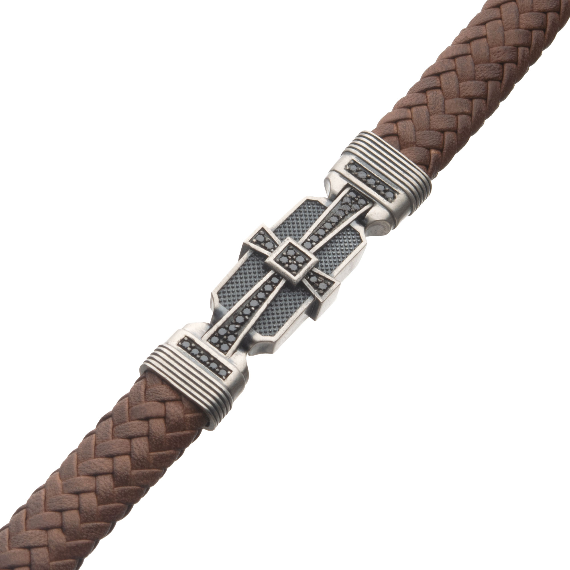 Genuine Sterling Silver with Brown Braided Leather and 40pc Black CZ Bracelet Image 2 Morin Jewelers Southbridge, MA