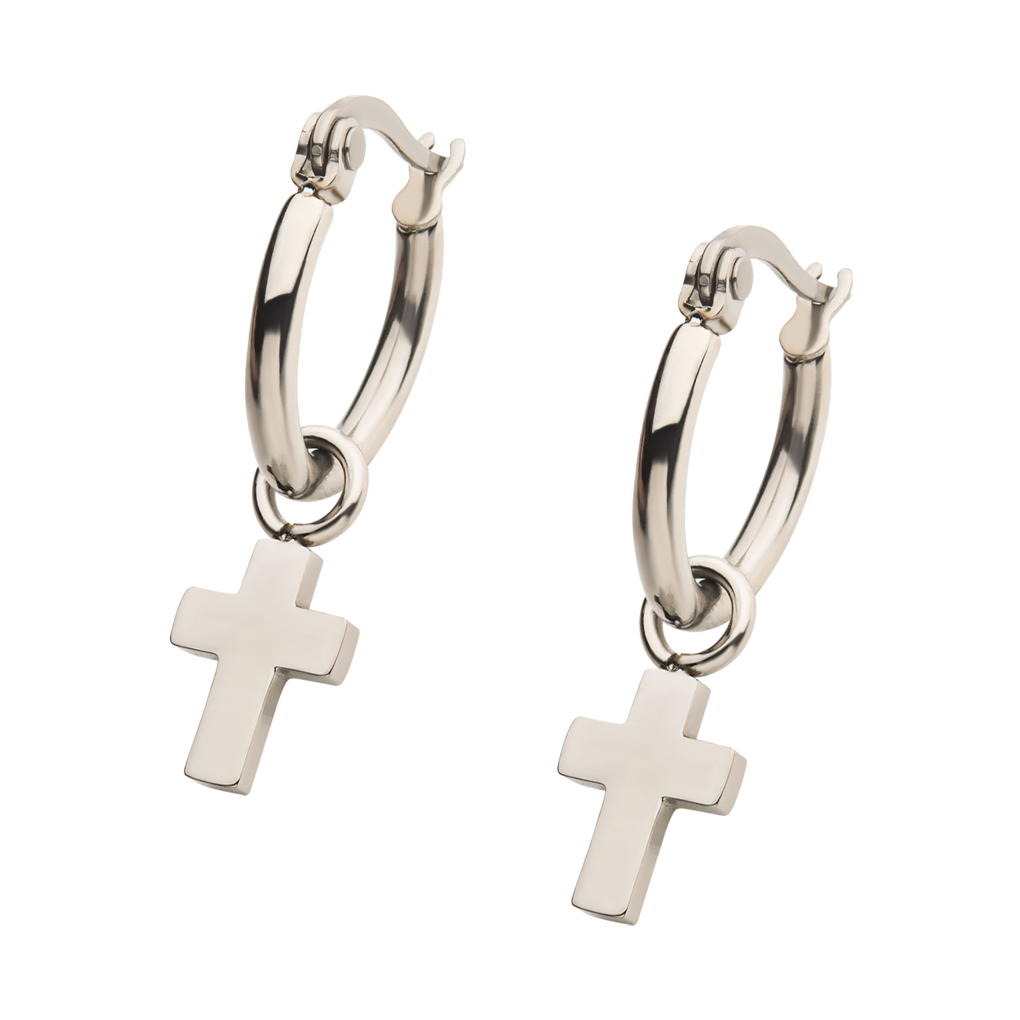 Stainless Steel Hoop with Cross Dangle Earrings Image 2 Morin Jewelers Southbridge, MA