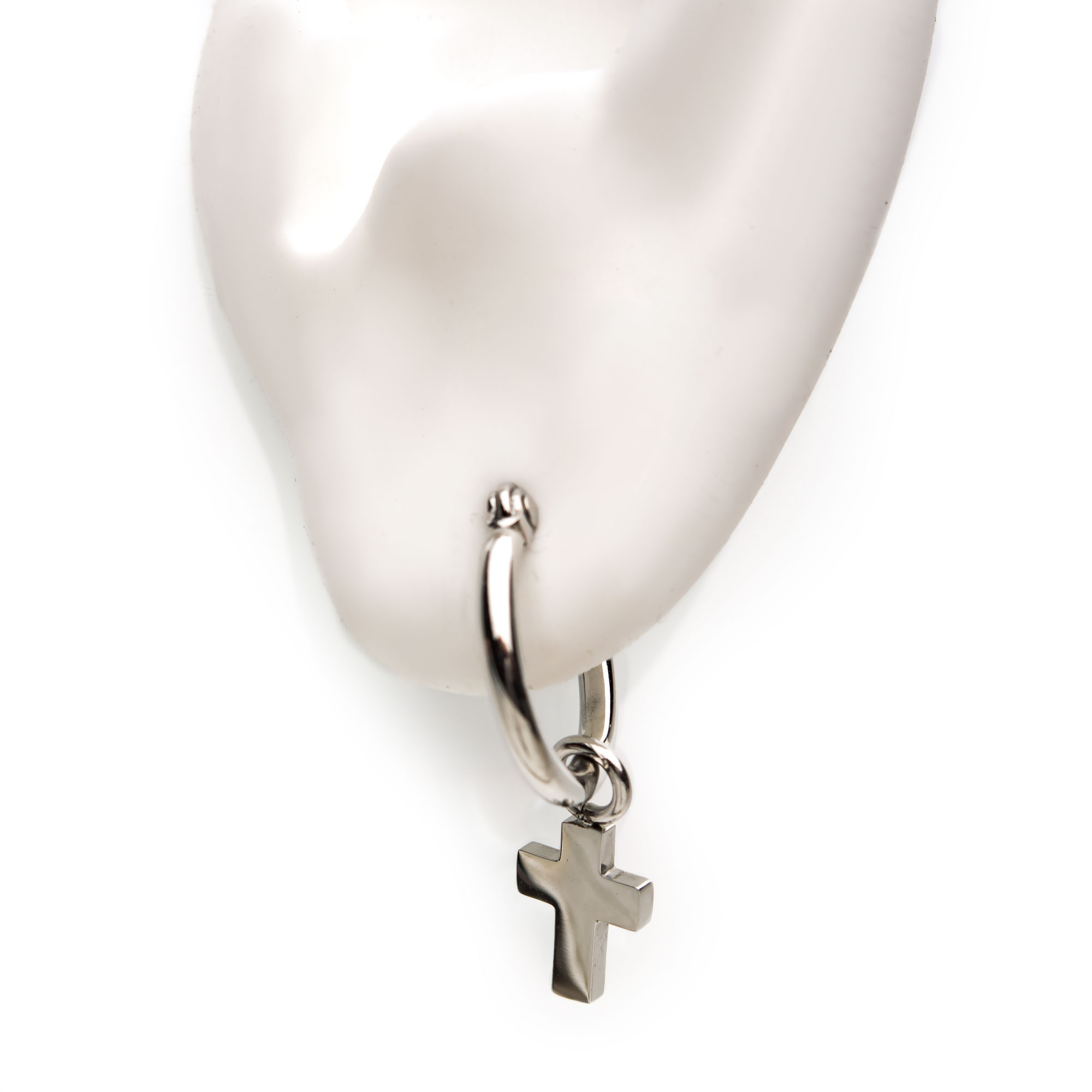 Stainless Steel Hoop with Cross Dangle Earrings Image 4 Lewis Jewelers, Inc. Ansonia, CT