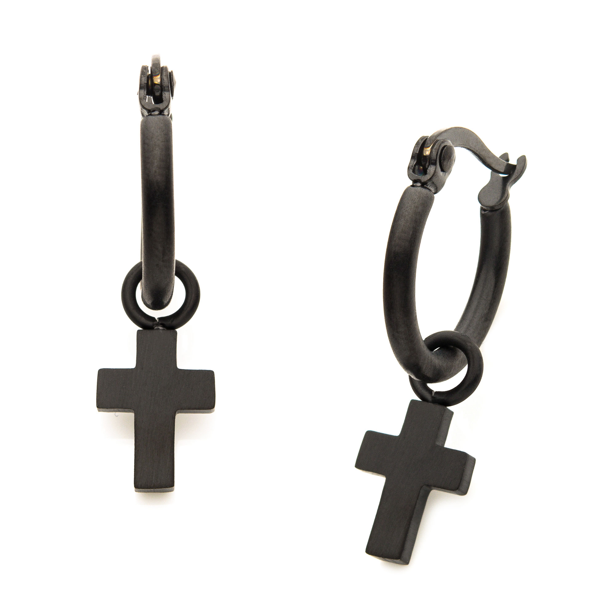 Matte Black Plated Hoop with Cross Dangle Earrings Enchanted Jewelry Plainfield, CT