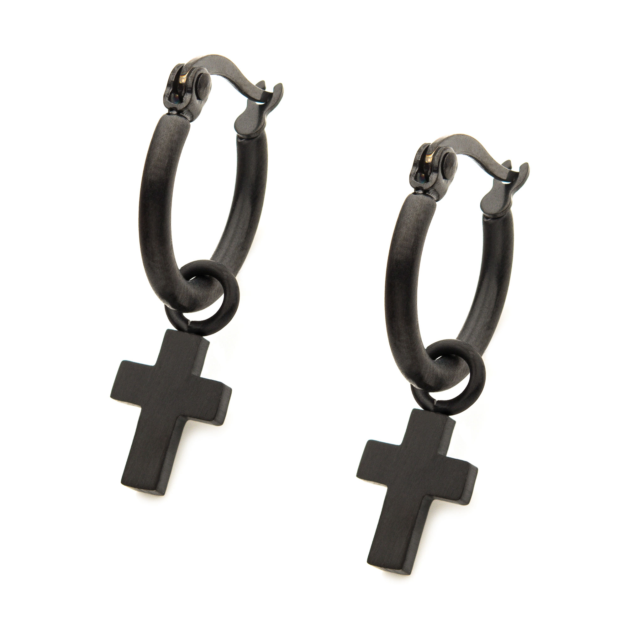 Matte Black Plated Hoop with Cross Dangle Earrings Image 2 Jayson Jewelers Cape Girardeau, MO
