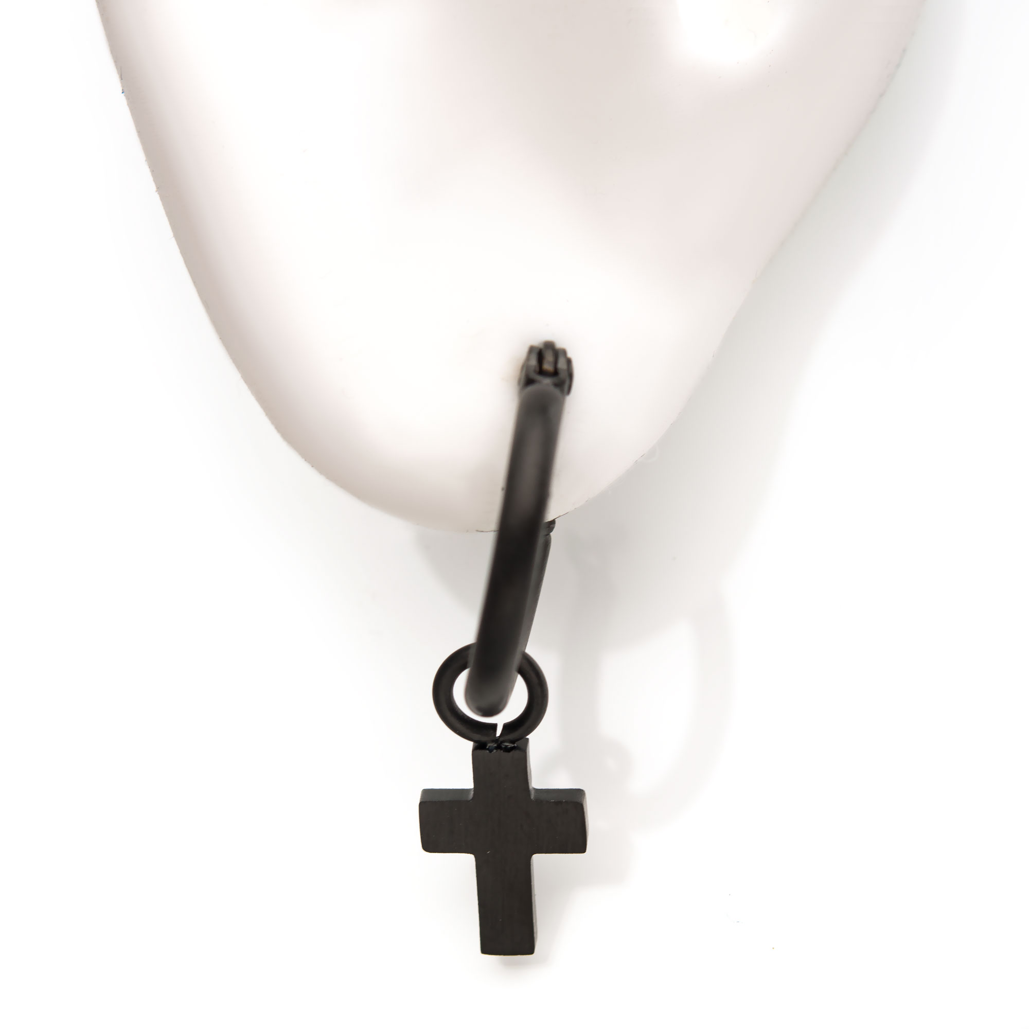Matte Black Plated Hoop with Cross Dangle Earrings Image 4 Jayson Jewelers Cape Girardeau, MO