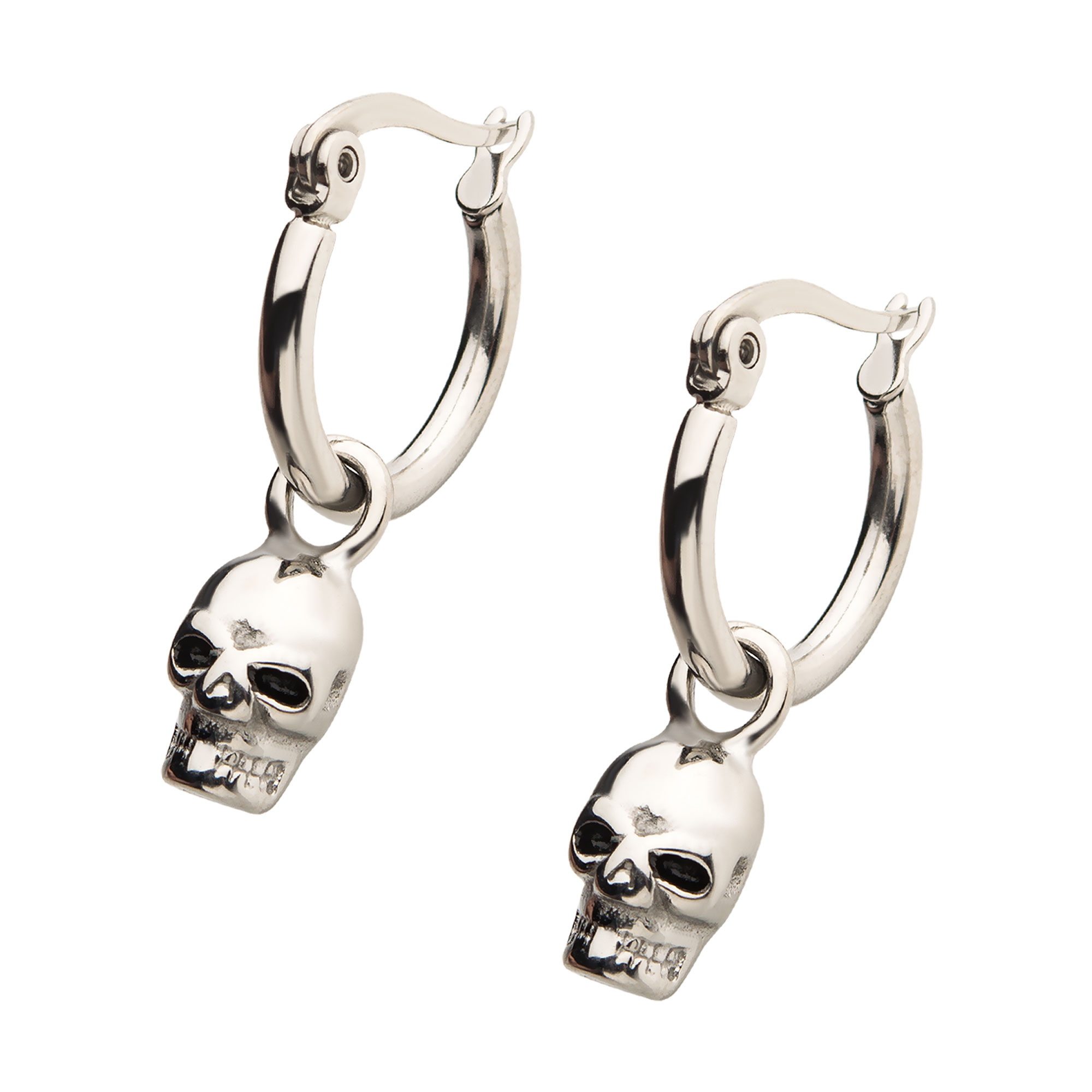 Stainless Steel Hoop with Skull Dangle Earrings Image 2 P.K. Bennett Jewelers Mundelein, IL