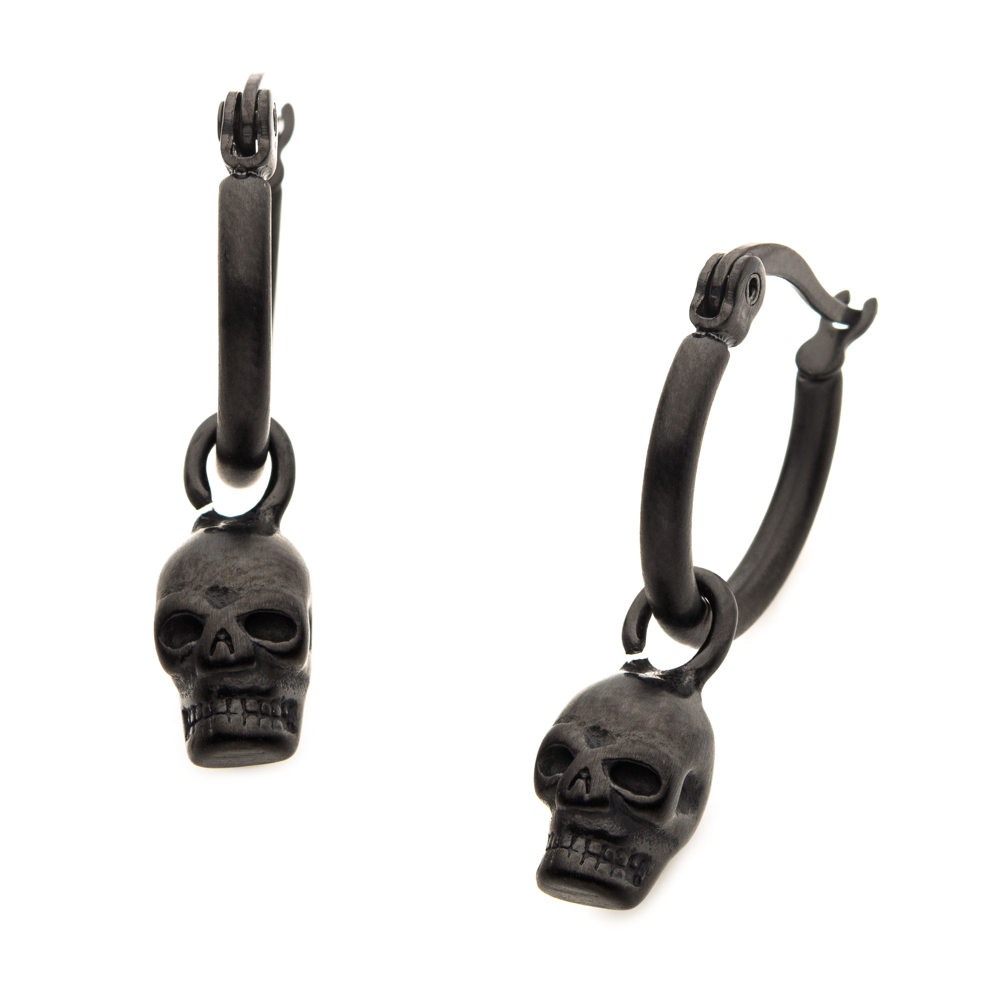 Matte Black Plated Hoop with Skull Dangle Earrings Midtown Diamonds Reno, NV