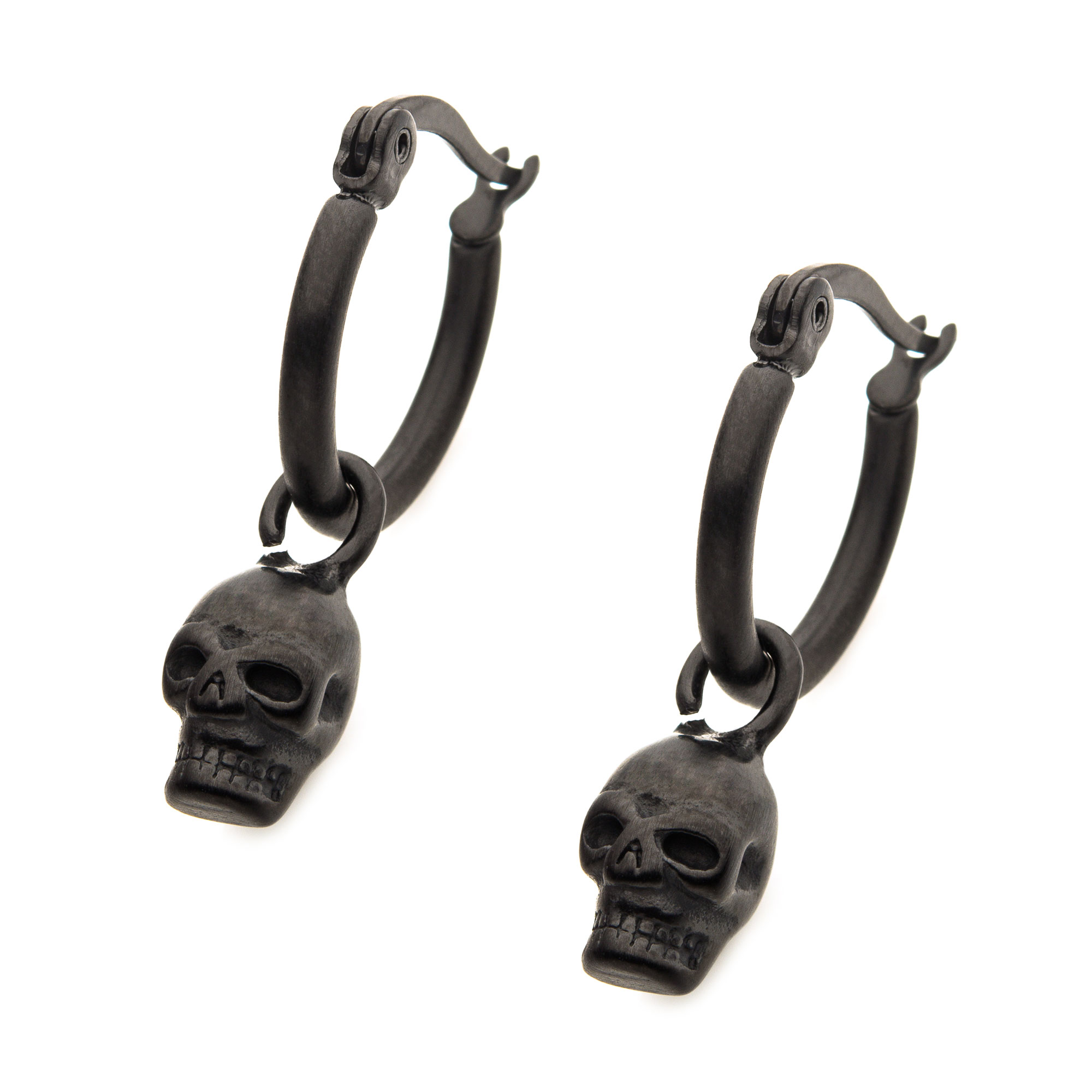 Matte Black Plated Hoop with Skull Dangle Earrings Image 2 K. Martin Jeweler Dodge City, KS
