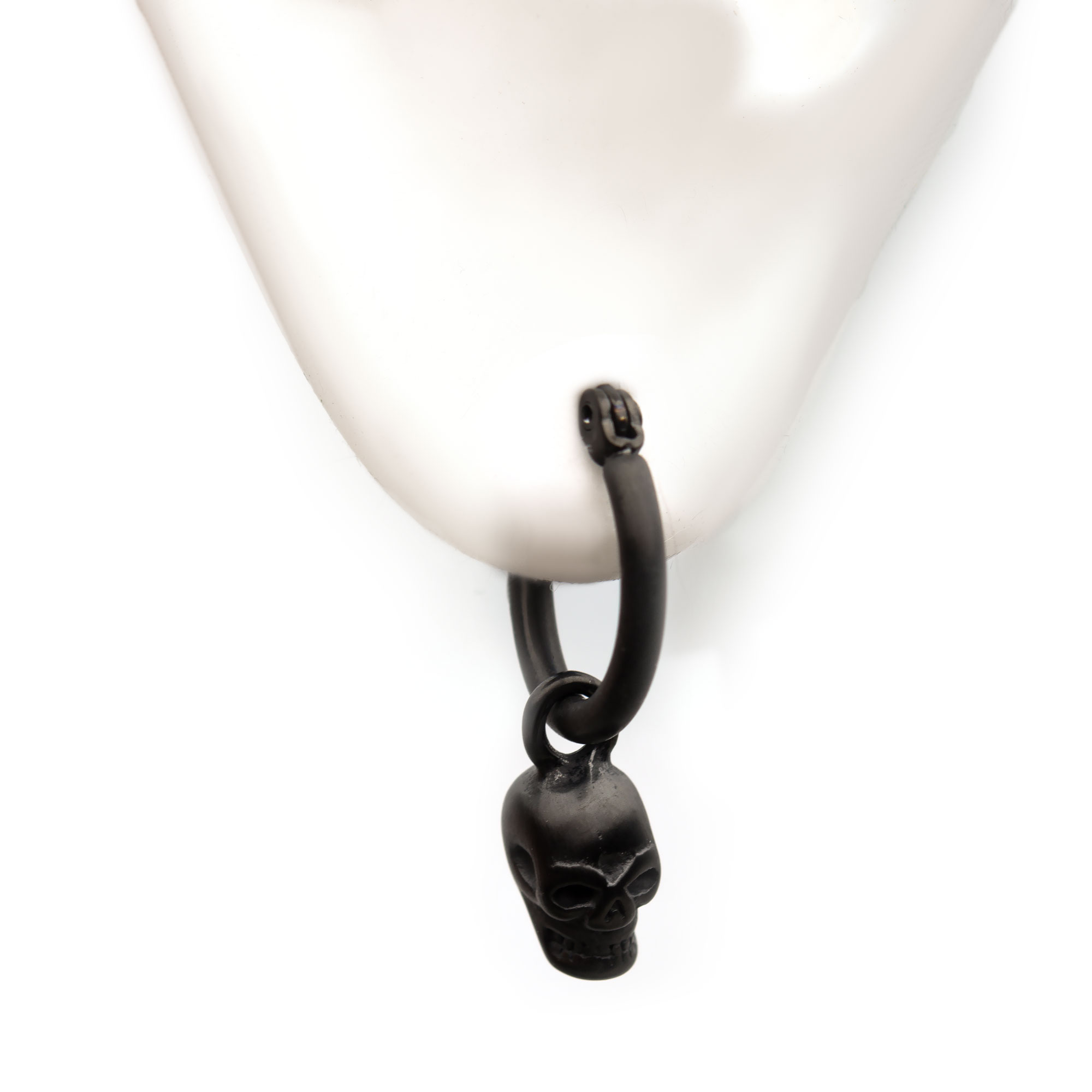 Matte Black Plated Hoop with Skull Dangle Earrings Image 4 Milano Jewelers Pembroke Pines, FL