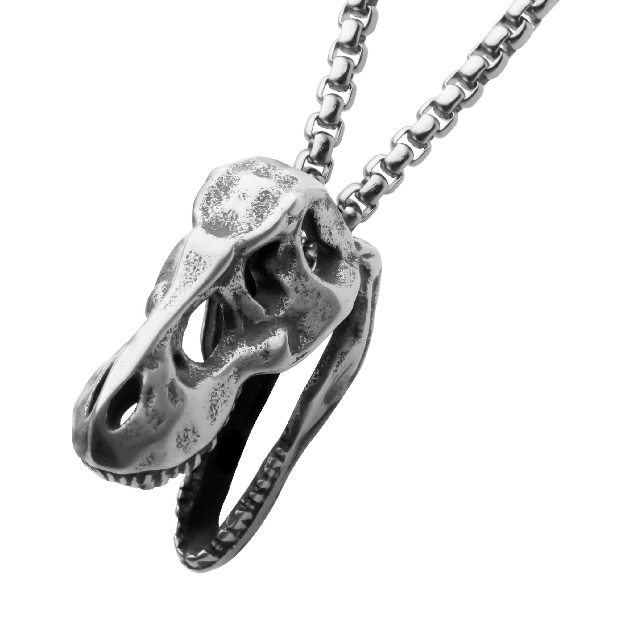 Distressed Matte Steel T-Rex Skull Pendant with Chain Morin Jewelers Southbridge, MA