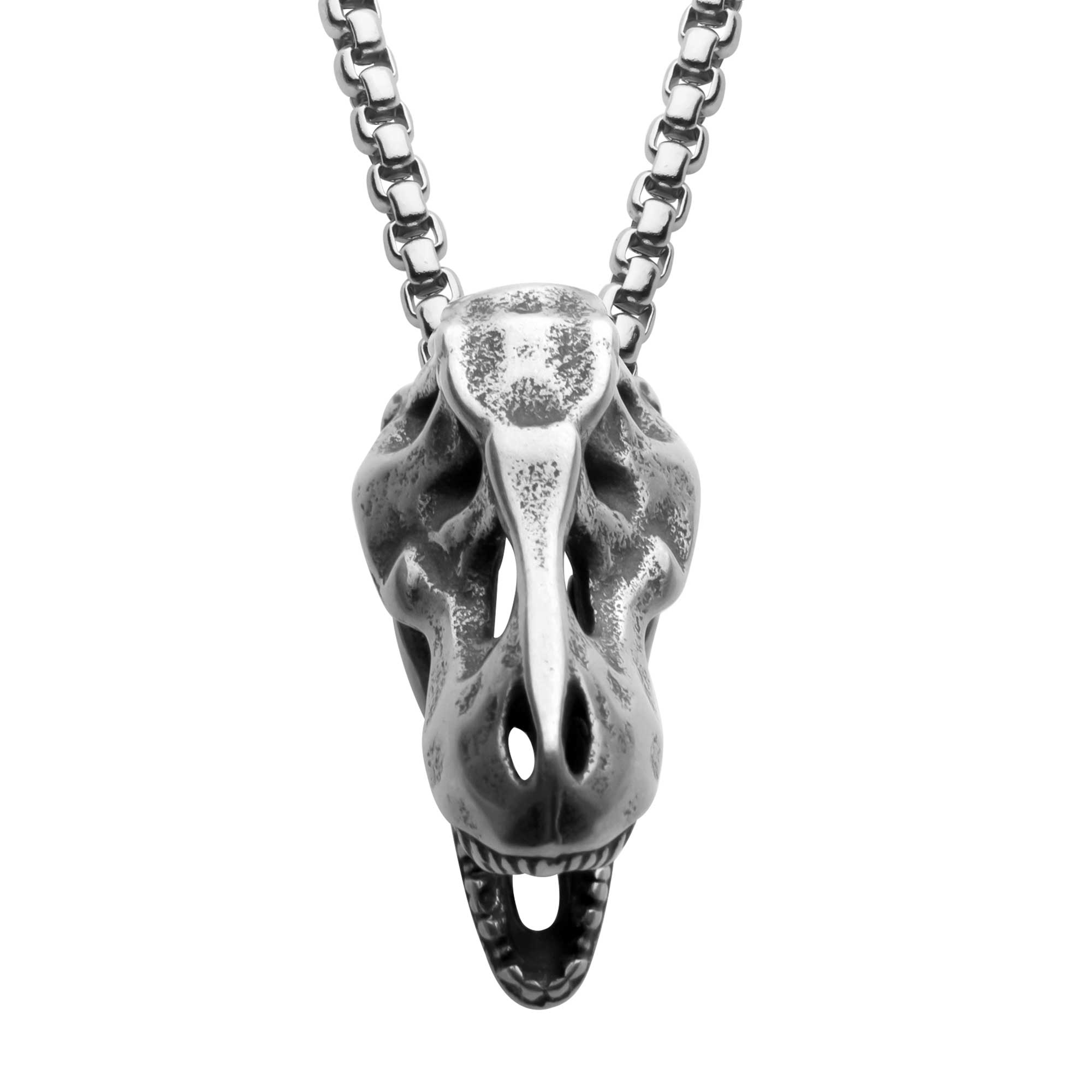 Distressed Matte Steel T-Rex Skull Pendant with Chain Image 2 Ritzi Jewelers Brookville, IN