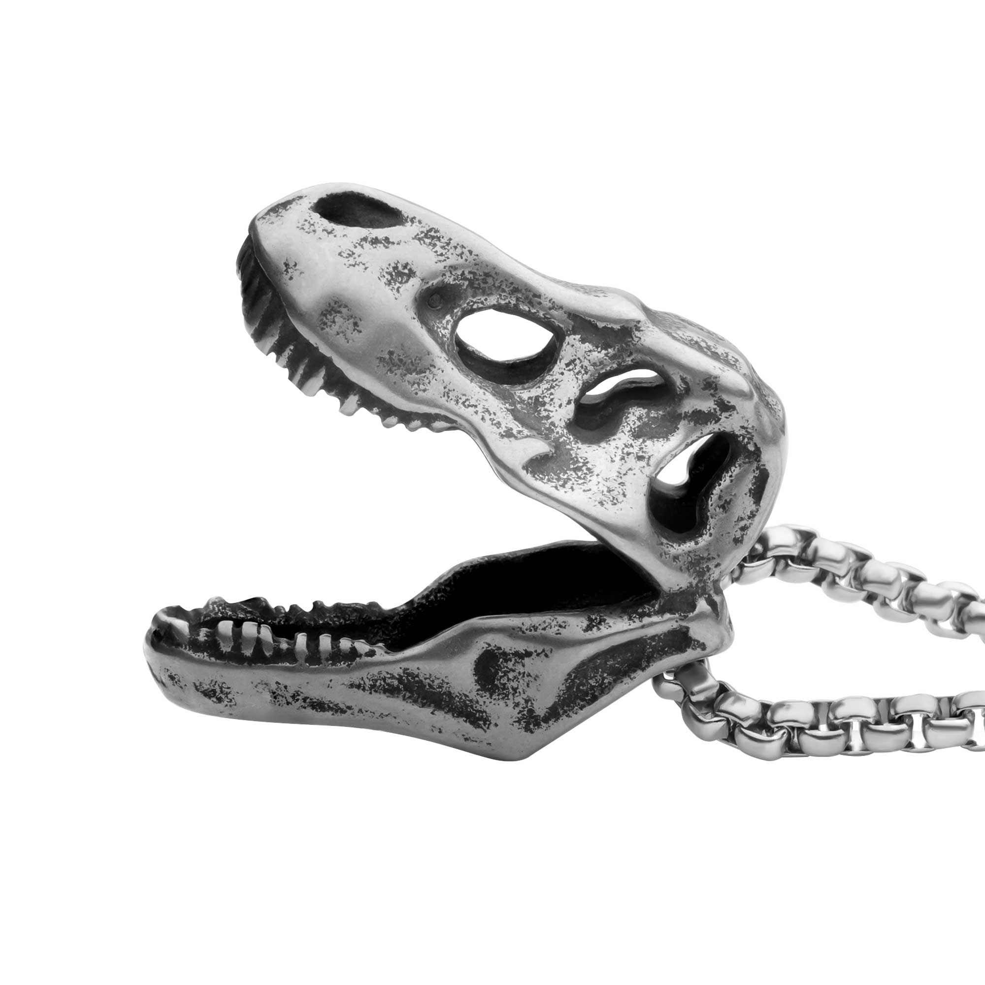 Distressed Matte Steel T-Rex Skull Pendant with Chain Image 3 Ken Walker Jewelers Gig Harbor, WA