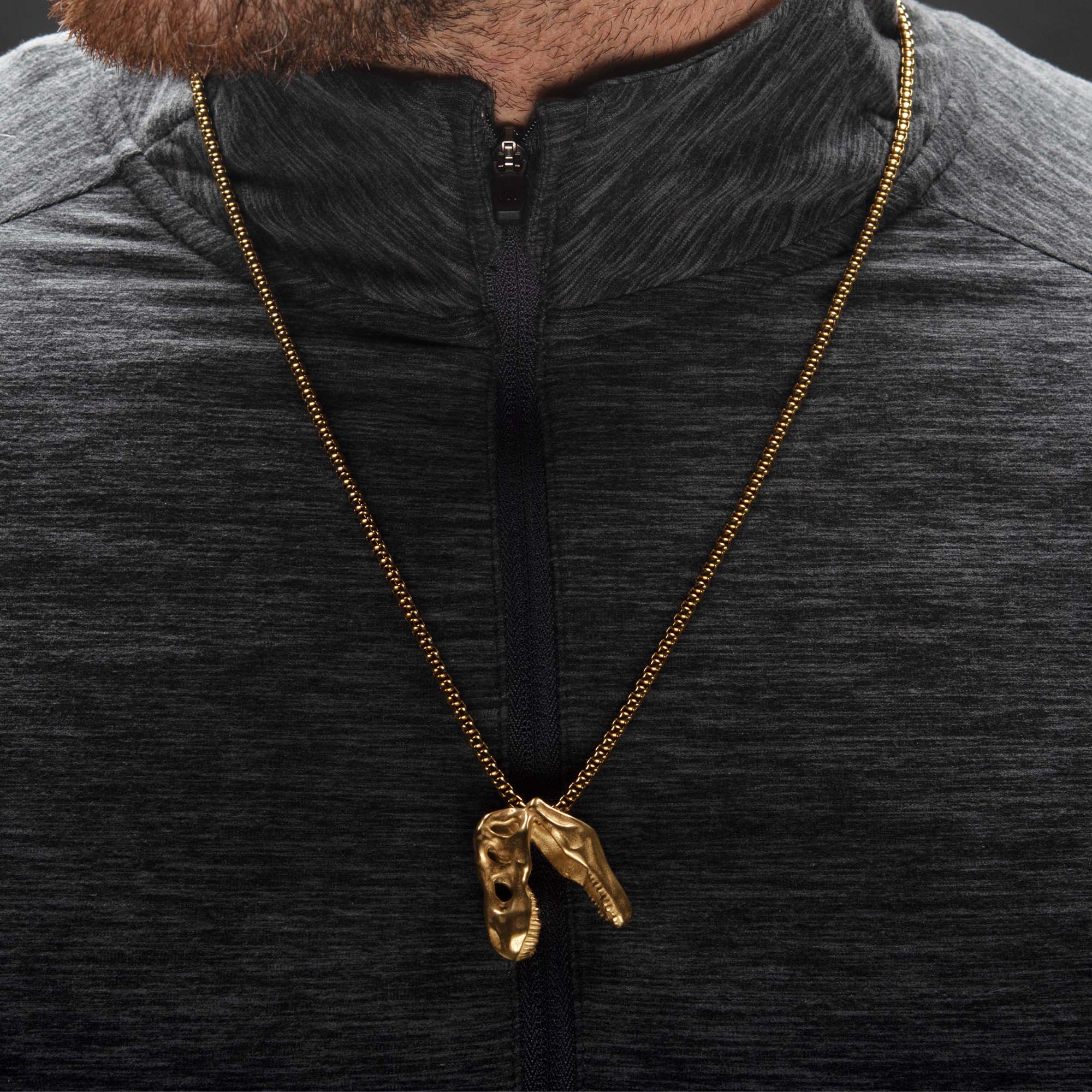 Distressed Matte 18Kt Gold IP T-Rex Skull Pendant with Chain Image 4 Enchanted Jewelry Plainfield, CT