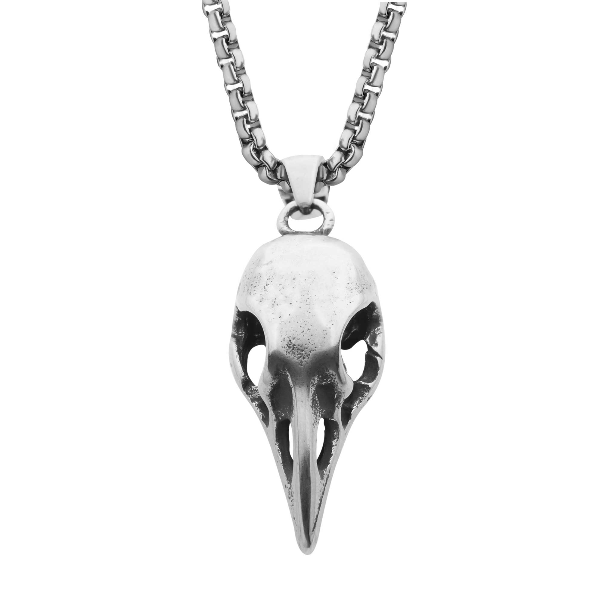 Distressed Matte Steel Crow Skull Pendant with Chain Mueller Jewelers Chisago City, MN