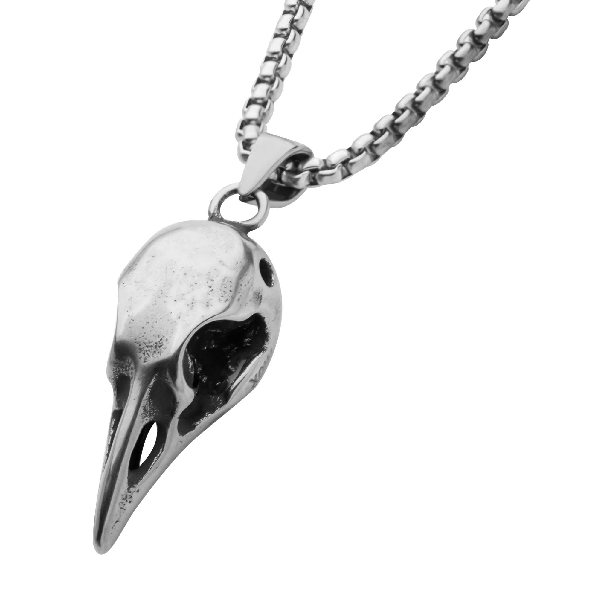Distressed Matte Steel Crow Skull Pendant with Chain Image 2 Carroll / Ochs Jewelers Monroe, MI