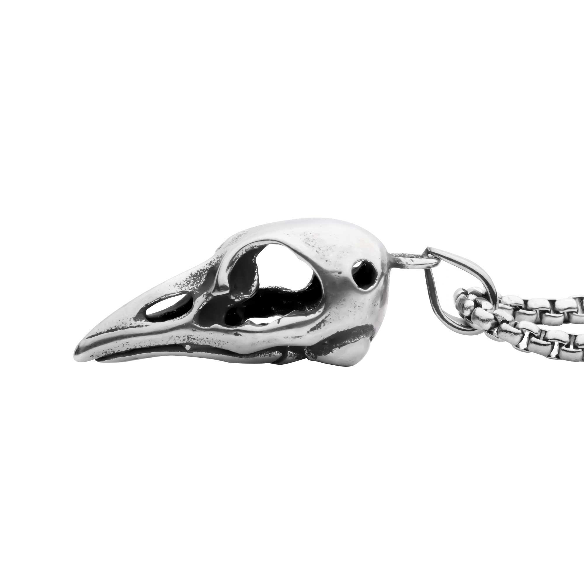 Distressed Matte Steel Crow Skull Pendant with Chain Image 3 Midtown Diamonds Reno, NV