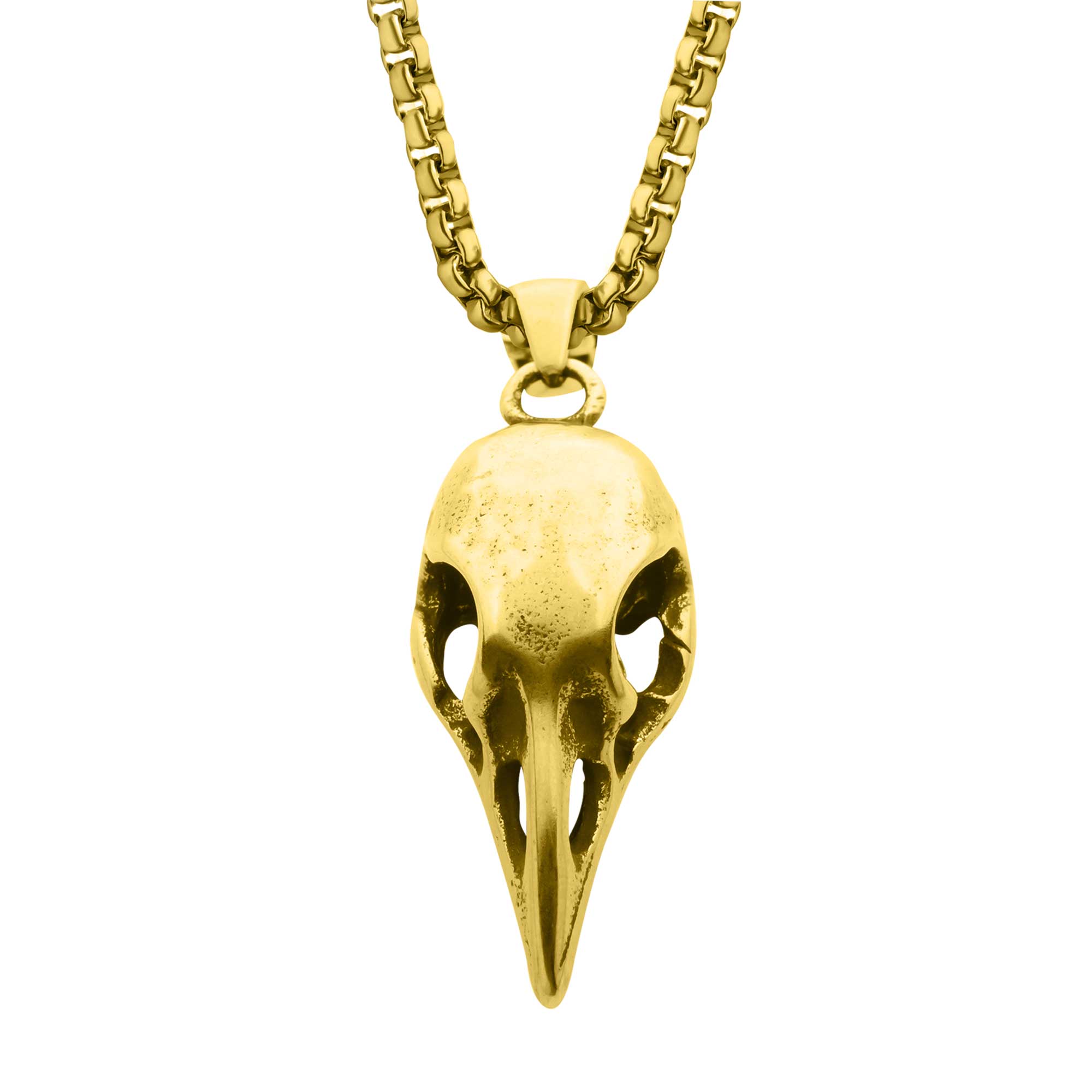 Distressed Matte 18Kt Gold IP Crow Skull Pendant with Chain Morin Jewelers Southbridge, MA